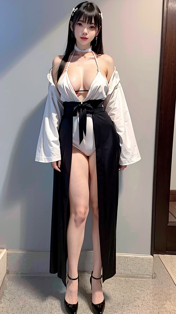 Hands folded behind your back 25Image of a Japanese woman around the age Beautiful breasts Are crying Slim body Beauty Brown Hair Wearing a large collar Mouth open facing straight ahead Photographed from the front I can see the tongue bangs white string micro bikini Are standing High heels