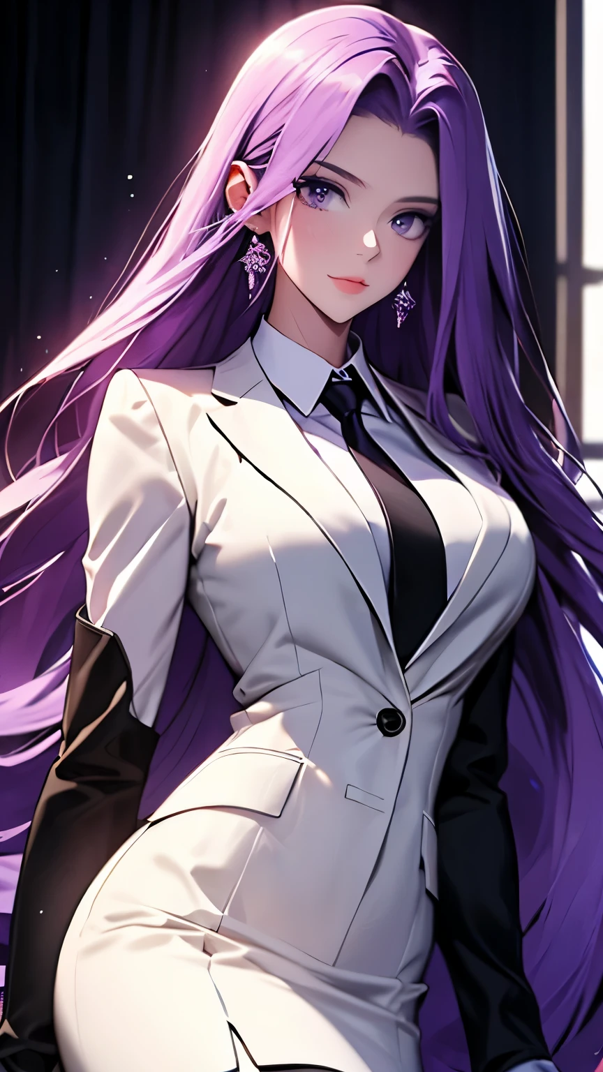 highest quality,masterpiece,High resolution,only,{Black business suit:1.40},{tie:1.20},{White gloves:1.15},{ White shirt:1.10}, {Black Skirt:1.15}, good looking, {Medusa_FGO:1.15}, length_hair, purple_hair, very_length_hair, purple_eye, chest, big_chest