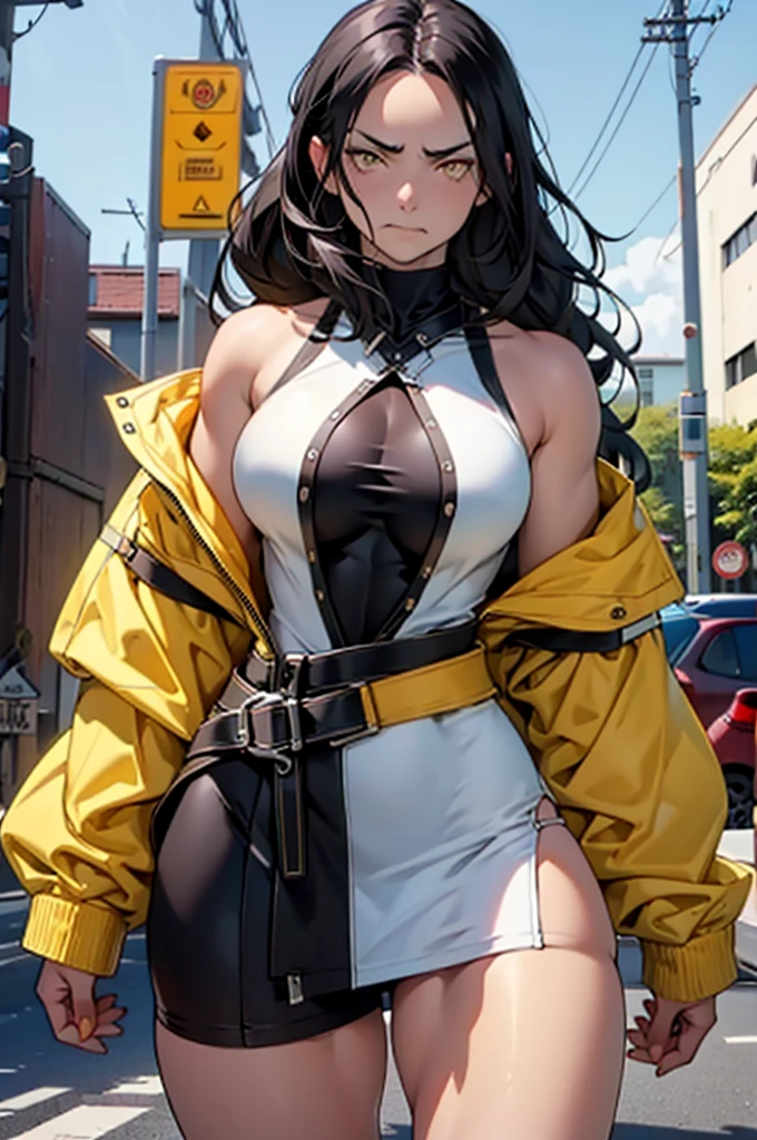 muscular 1 girl thick thighs thin waist perky breasts pale skin black hair long hair yellow eyes toned body tight dress angry