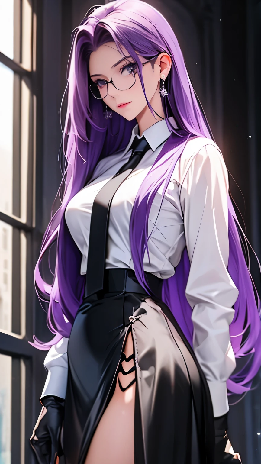 highest quality,masterpiece,High resolution,only,{Black business suit:1.40},{tie:1.20},{White gloves:1.15},{ White shirt:1.10}, {Black Skirt:1.15}, good looking, {Medusa_FGO:1.15}, length_hair, purple_hair, very_length_hair, purple_eye, chest, big_chest