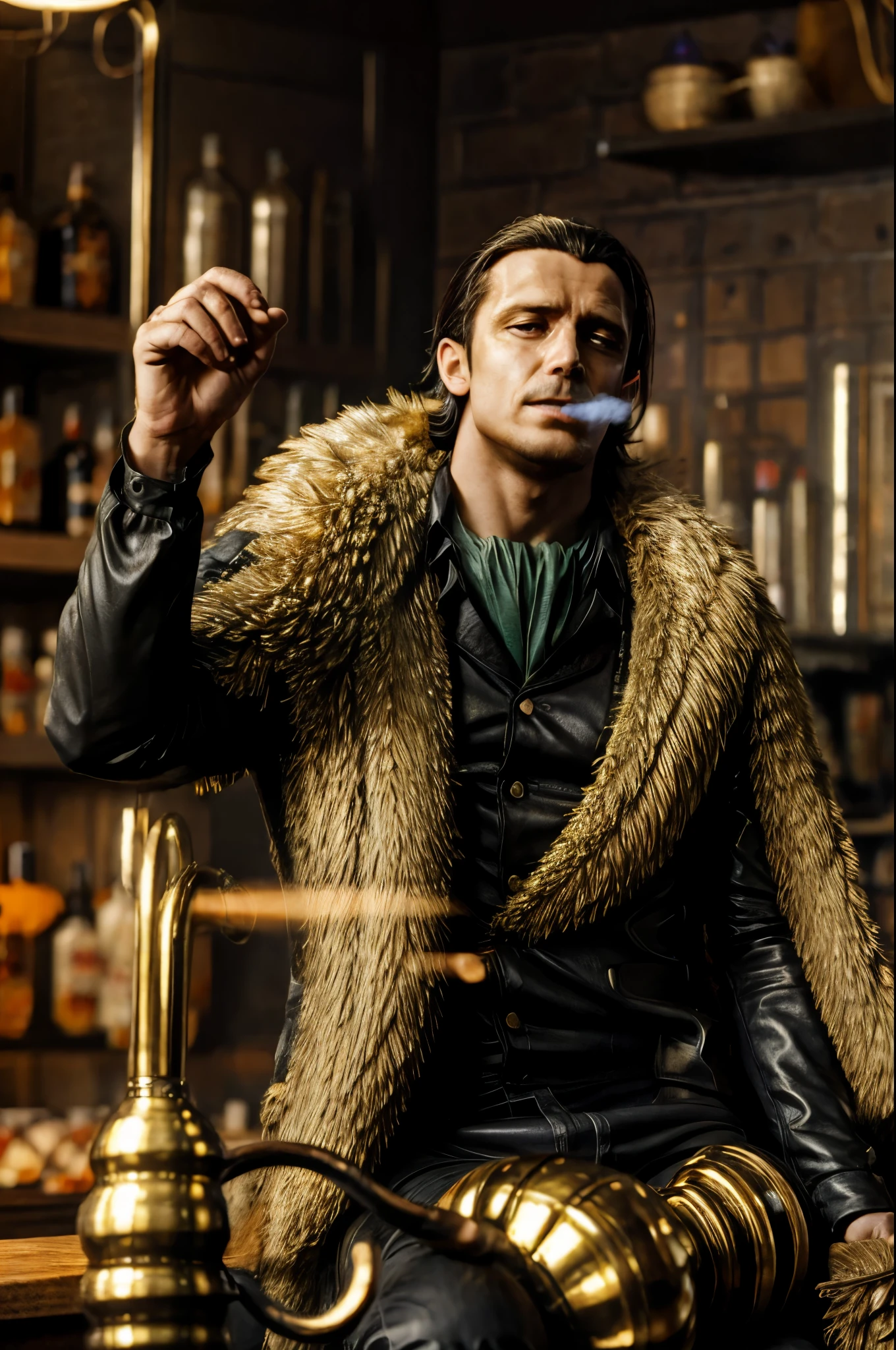 masterpiece, best quality, extremely detailed, hyperrealistic, photorealistic, a cool 40s man, ultra detailed face:1.2, fur-trimmed coat, scarf around the neck, his left hand is a golden pirate hook:1.1, cigar, smoking, at bar
