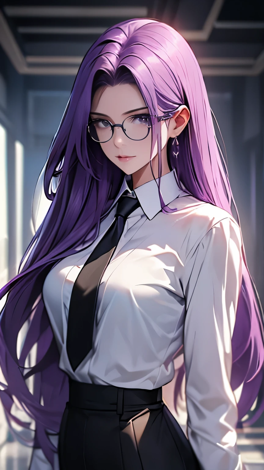 highest quality,masterpiece,High resolution,only,{Black business suit:1.40},{tie:1.20},{White gloves:1.15},{ White shirt:1.10}, {Black Skirt:1.15}, good looking, {Medusa_FGO:1.15}, length_hair, purple_hair, very_length_hair, purple_eye, chest, big_chest