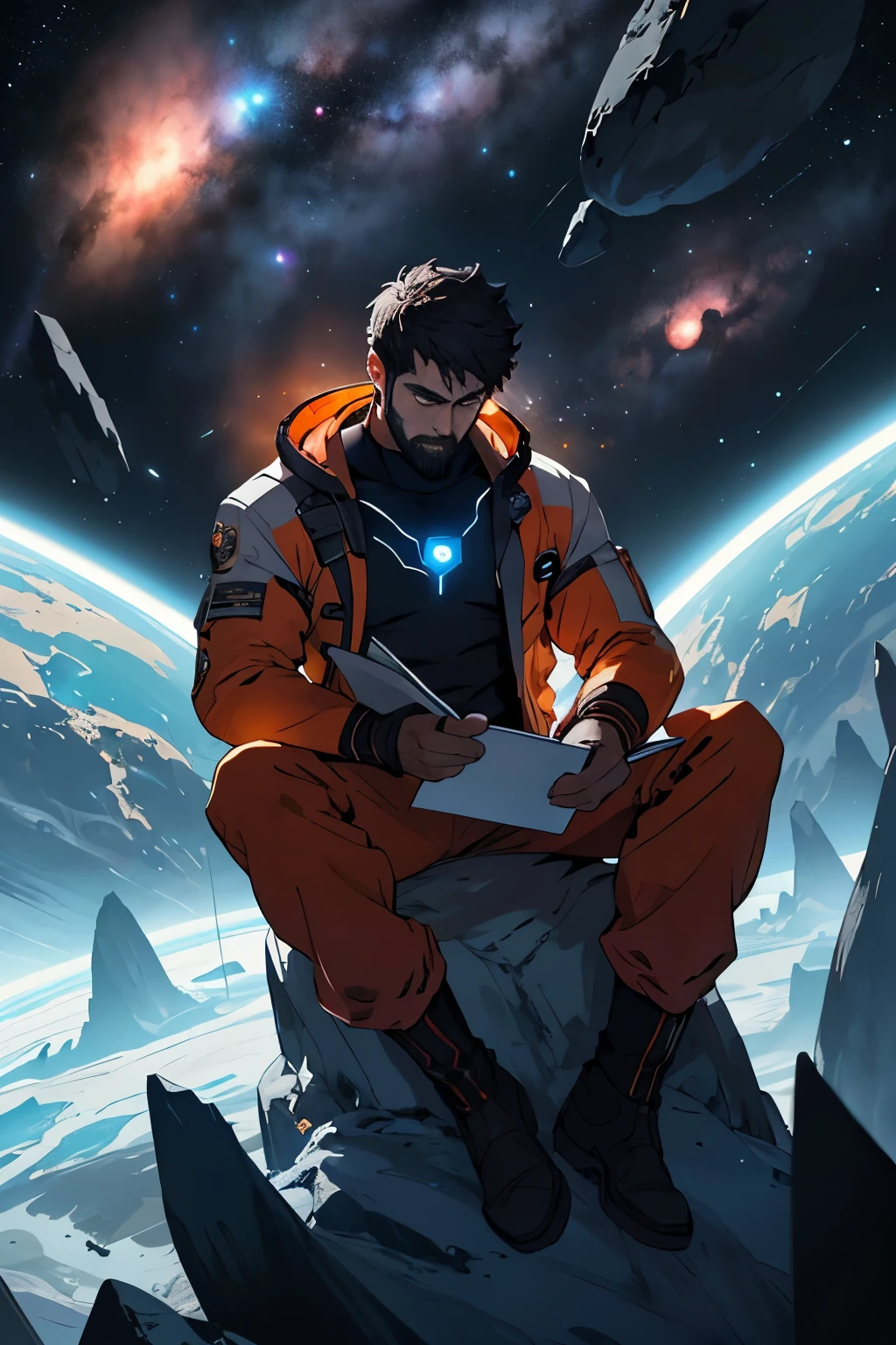 Draw a young programmer, sitting on a research platform floating in the middle of an asteroid belt. He is studying with a notebook, surrounded by several asteroids glowing with fiery auras. Dramatic lighting from distant stars and planets illuminates the scene, casting deep shadows on the suit. The young man looks confident and determined, looking at the vast and mysterious universe with wonder and respect,facial hair, cowboy shot,