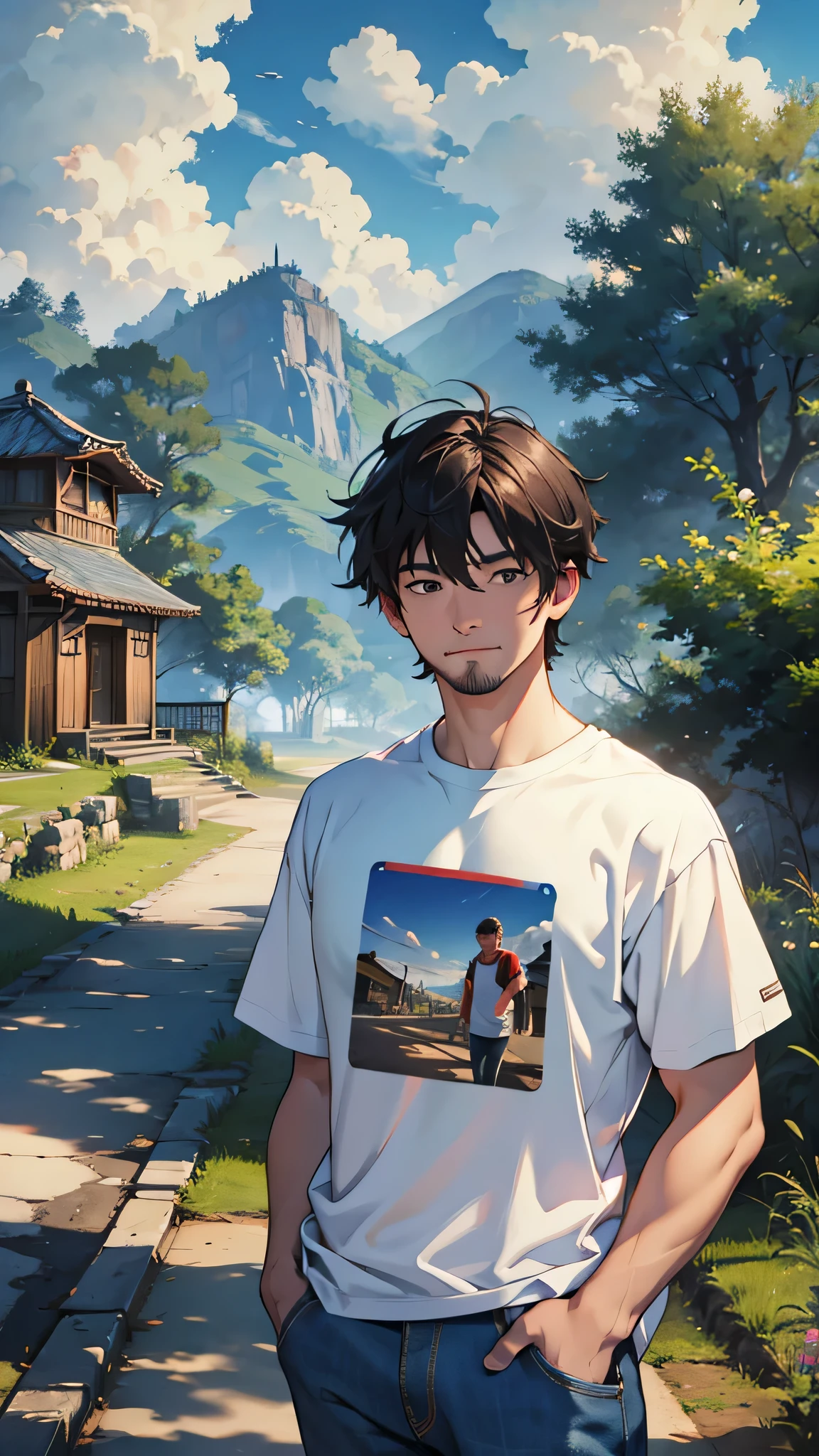 最high quality、Best image quality、masterpiece、male((20-year-old、Stubble,No sleeve、White T-shirt、Blue denim trousers、Have a smartphone)),high quality、Beautiful art、background((one's home))、Flight、Flying debris、Written boundary depth、movie、Visual Arts、Perfect art、8K,Genuine、