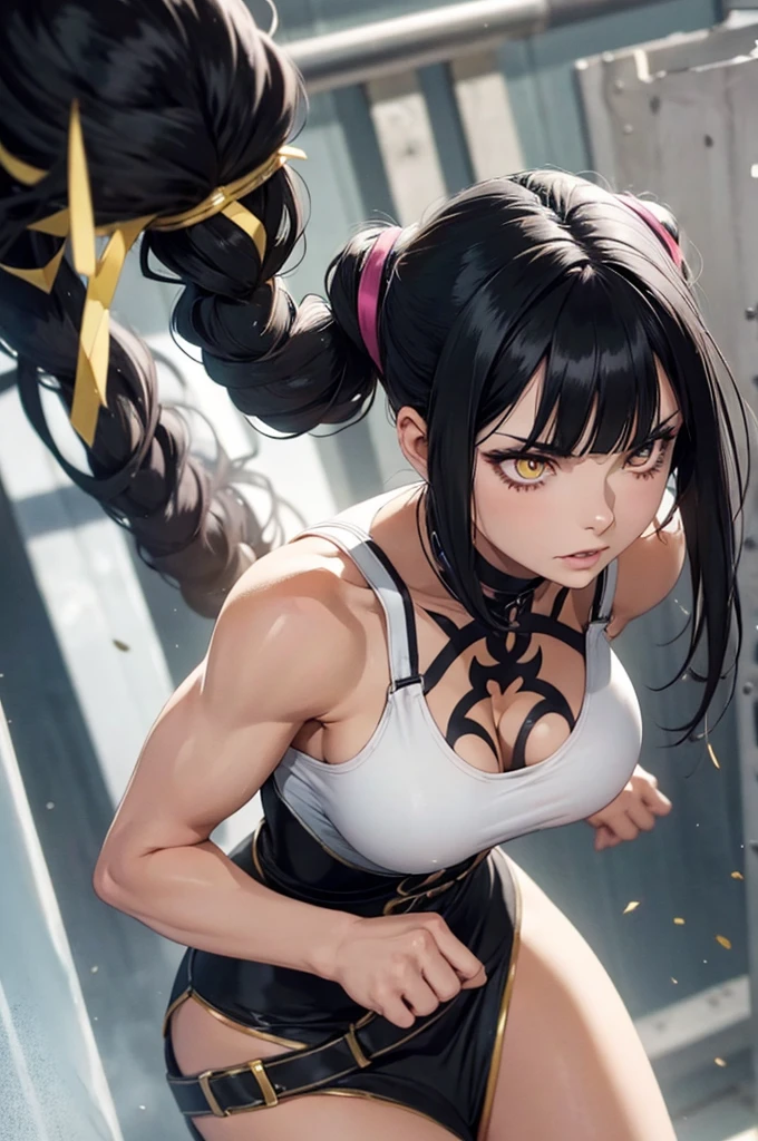 muscular 1 girl thick thighs thin waist perky breasts pale skin black hair long hair yellow eyes toned body tight dress angry,juri han 