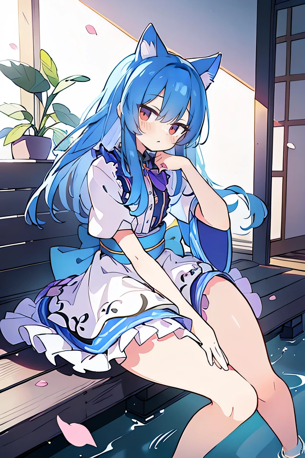(masterpiece:1.2),ultra-detailed,realistic,expressive eyes,fair-skinned,perfectly shaped face,1girl,
Japanese cartoons,Gorgeous blue hair, flowing blue hair,floating clothes,cat ears,petals falling,beautiful Lola,Hina Angel,
hands on waist,gracefully sitting on the ground,legs crossed,gentle and serene background,cool and comfortable pavilion.
