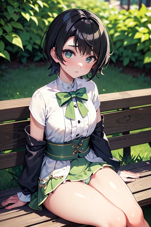 masterpiece, best quality, 4K, a girl, oozora subaru, sitting, White panties, cameltoe, steam, shy, short hair, black hair, gradient eyes, with sparkling eyes, shiny skin, mini skirt, full body shot, in the park, in the afternoon, dappled sunlight, Park bench