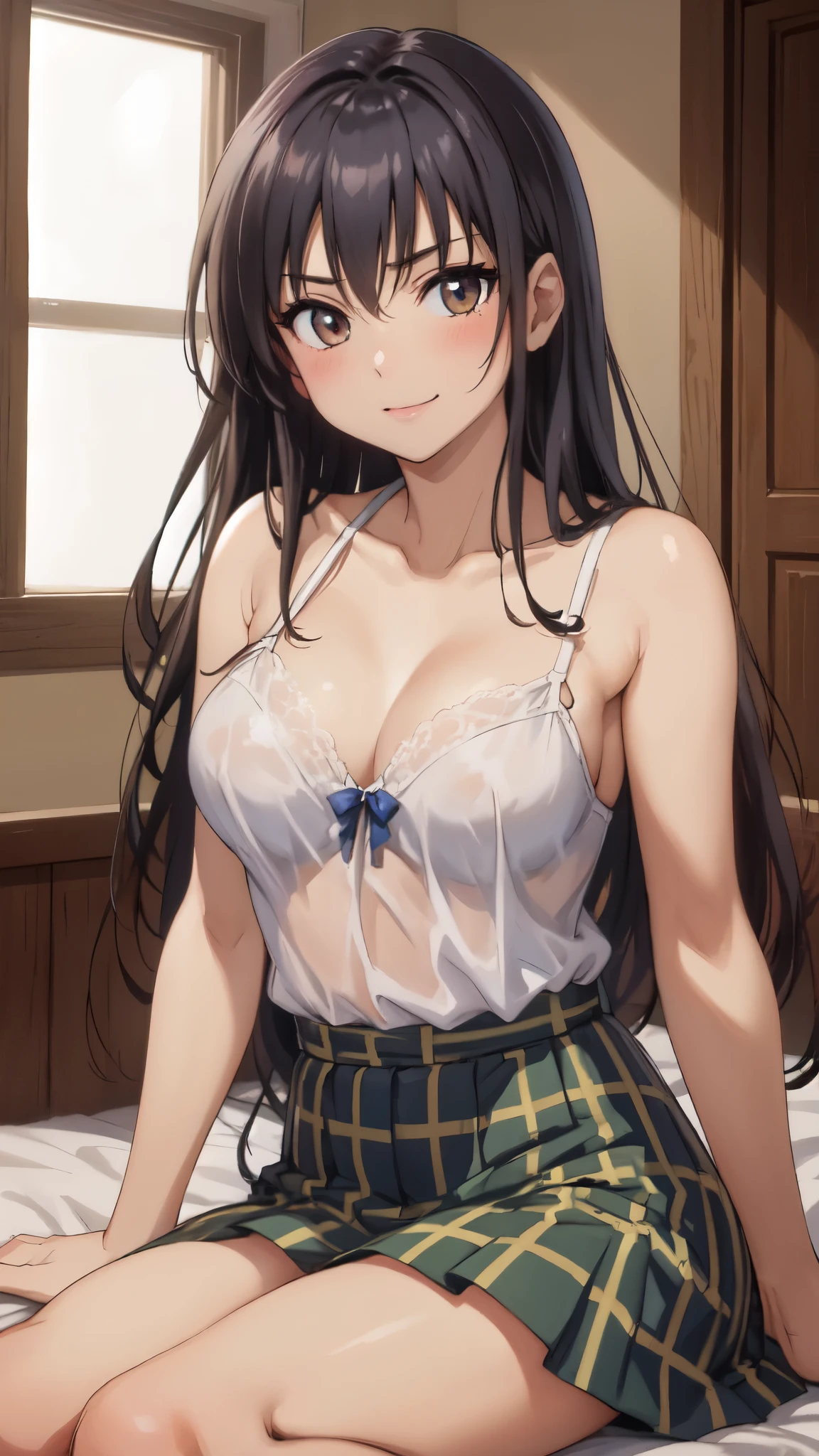 (masterpiece,Best image quality,highest quality:1.3),(8k:1.4), defYui,blush,Smile,14 years old,(thin:1.3),(White lace camisole),Sheer camisole,White Bra,Checked mini skirt, Big Breasts, Bright colors,(indoor, Bedroom;1.3), blue sky, Sitting on the bed,Embarrassing, Looking at the audience, Cowboy Shot, Tilt your head