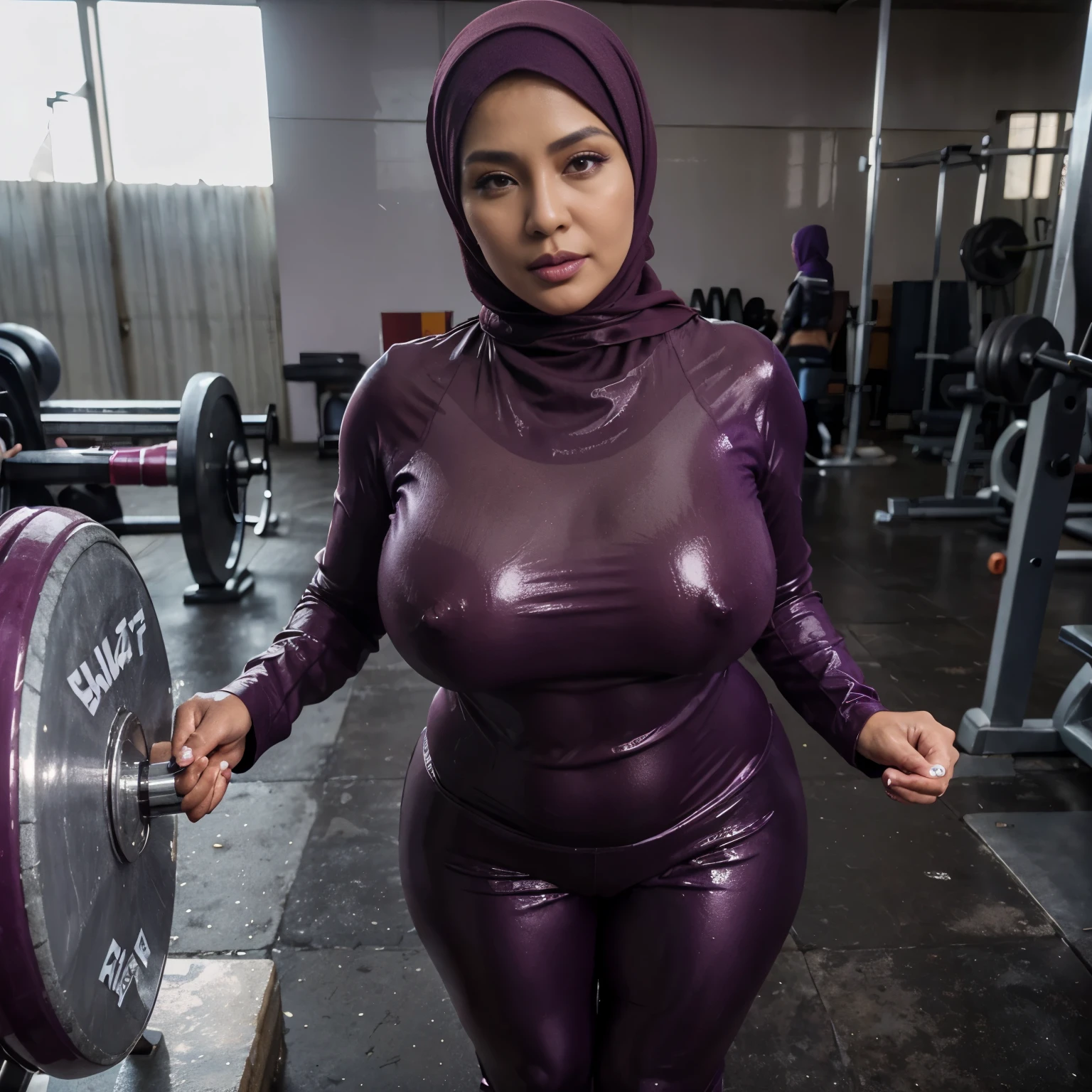 1woman, 52 years Old, ((Sugar Mama)), ((Beauty Hijab Indonesian Mature woman)), ((Sensual Violet lips)), wet Oily Tanlined  through, Droopiest Massive Large Tits, 196 Inches Tits, Blazer, Fitness Pants, ((Nailing Polish)), Face full of Make up, Full body, ((Thicc Busty Body)), Realistic Detailed Perfect abs, at Gym, Dark light, at Day time, Standing.