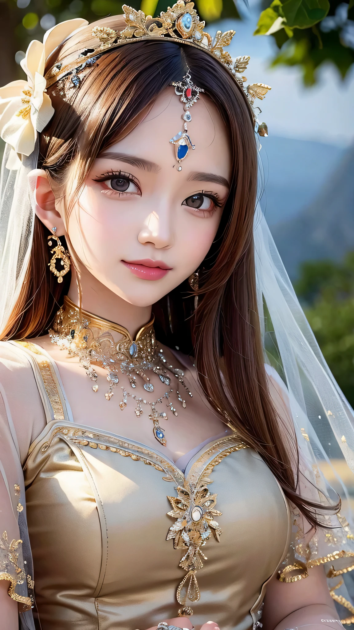 masterpiece, highest quality, highest quality, (Intricate and detailed:1.2), Beautiful Eyes, One girl, alone, Outdoor, blue sky, cloudy, Bokeh, Lens flare, anamorphic Lens flare, Depth of written boundary, Fascinating face, Captivating smile, henna_Ruin, Yellow Hair, Red headband,