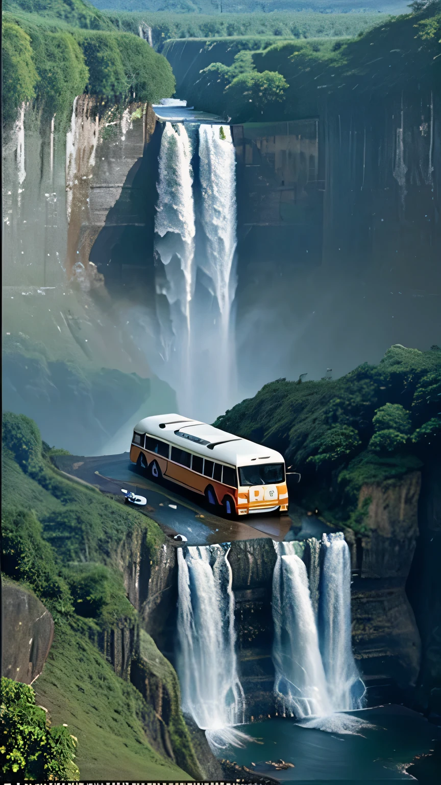 make a very real picture of a bus with the name bus HARYANTO being stuck on a very high cliff where a waterfall flows and there is also a rare bird flying