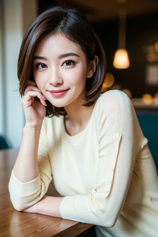 ((highest quality)), ((masterpiece)), (Familiar), Perfect Face, masterpiece、highest quality、High resolution、wallpaper、Realistic、Bright lighting、Professional Lighting、Face Light、Smooth lighting、Japanese women、20th Gen Midplate、so beautiful、Beautiful Skin、Beautiful and detailed、Familiar顔、slim、moderately、short hair、Brunette colored hair、Brown eyes、Looking at the camera、Cafe sofa、 commercial photography, Beautiful Instagram Influencer Girls, The best smile,Daytime、Cotton shirt