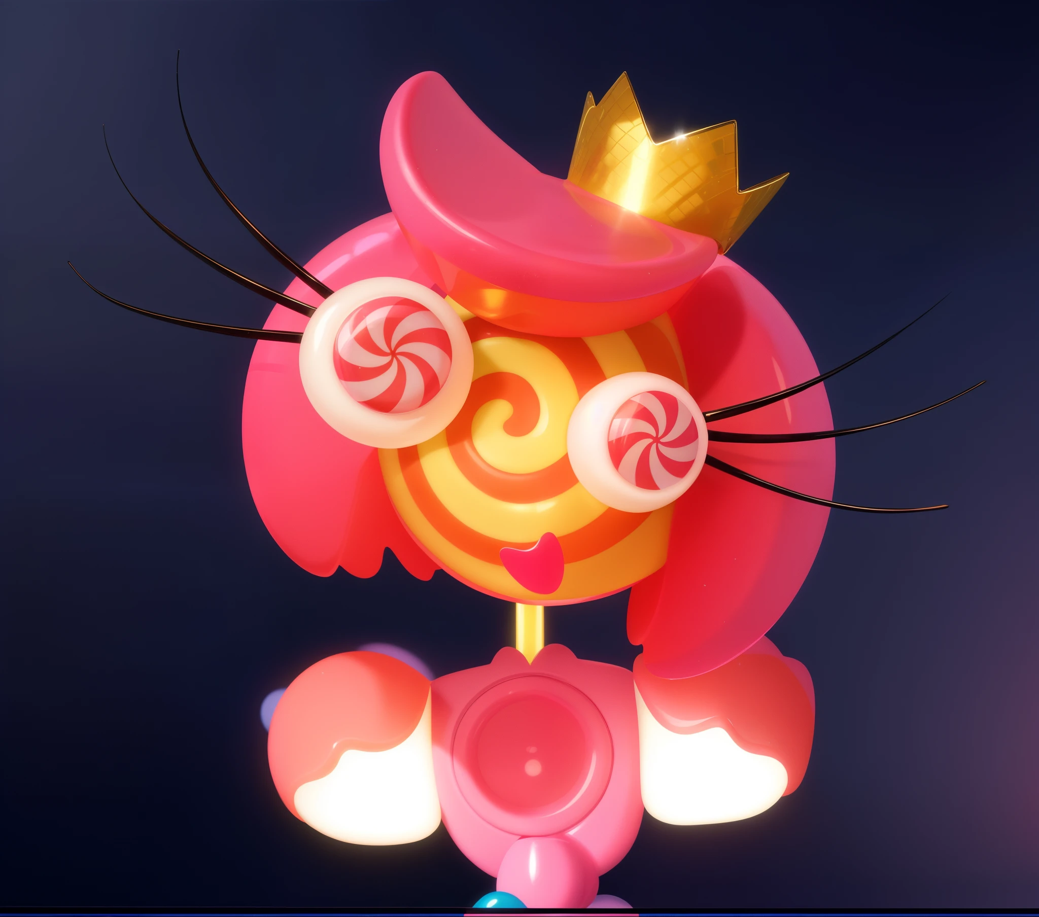 The image features a pink character with a circular head and a circular orange and white candy as its body. It has a pink hat with a yellow stripe and a gold crown on its head. It also has large white and black eyes and pink eyelashes. Its mouth is open, and its tongue is out. It has two long, curvy pink arms and two longer, curvier pink legs. The background is blue.. Emphasize the details and add shades that enhance the sweetness and luxury effect., candy girl, glossy candy texture, smooth 3d model, multiple light sources, rim light, sharp post effects render, (glossy candy texture with multiple big light probe refractions), perfect cgi, smooth silhouette, high intensity refraction, (super glossy lollipop), most beautiful vfx, candy refractions, realistic, 4k, high resolution, rim light, photo shoot, commercial photo, profile shot, 4k, rim light, high resolution, 4k, glossy texture, smooth 3d model, multiple light sources, rim light, sharp post effects render, (glossy candy texture with multiple big light probe refractions), perfect cgi, smooth silhouette, high intensity refraction, (super glossy candy material), most beautiful vfx, blue background, chrome lollipop refractions, multiple light sources, rim light, sharp post effects render, perfect cgi, digital art, detailed digital art, reflective, best quality, 4k, masterpiece:1.2, ultra-detailed, realistic, vivid colors, dark and moody lighting, The image of the highest quality, ensuring every detail showcased perfectly. It in 4k resolution, allowing viewers to immerse themselves in the richness of the colors and intricate details. The realistic rendering. under the spotlight, reflecting, high-resolution image, realistic rendering, dark background, and rim light photorealisti