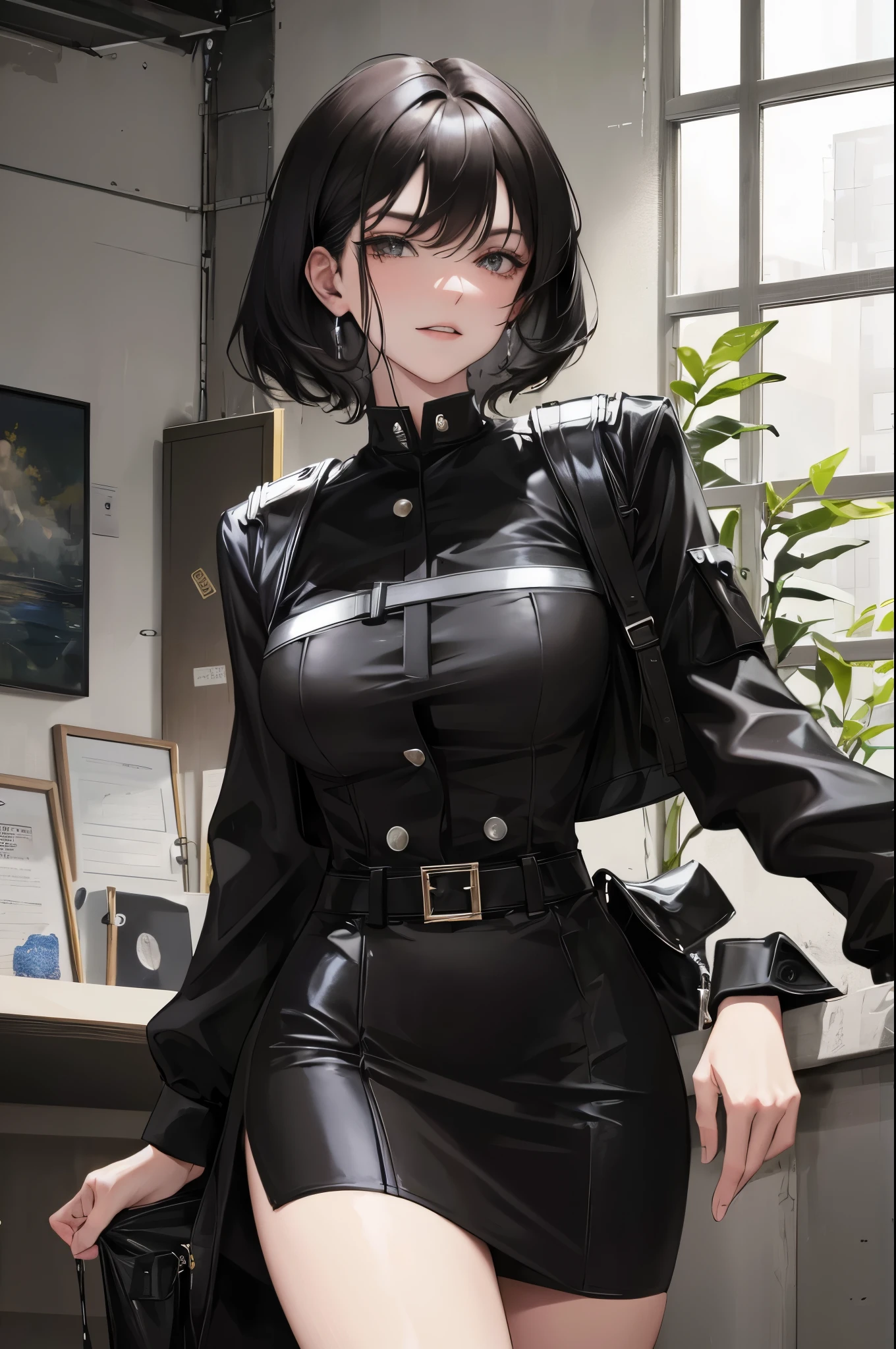 (highest resolution, distinct_image) The best quality, a woman, masterpiece, highly detailed, semi realistic, black short hair, black hair, bangs, 21 years old, shoulder length hair, mature, young, black clothing, black uniform, without military uniform, fully naked body, military academy, beautiful, heroic, heroic, indoor background, delicate and delicate facial features