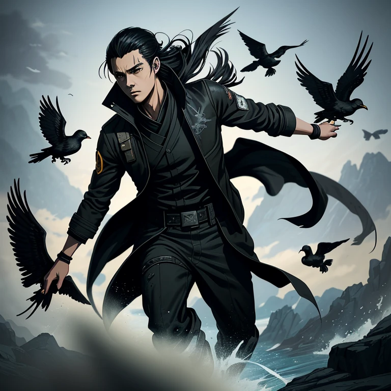 painting of a man in a black jacket and a flock of birds, handsome guy in demon slayer art, by Yang J, artwork in the style of guweiz, makoto shinkai cyril rolando, makoto shinkai ( apex legends ), inspired by Yamagata Hiro, by Li Zai, ruan jia and joao ruas, the sandman from graphic novel