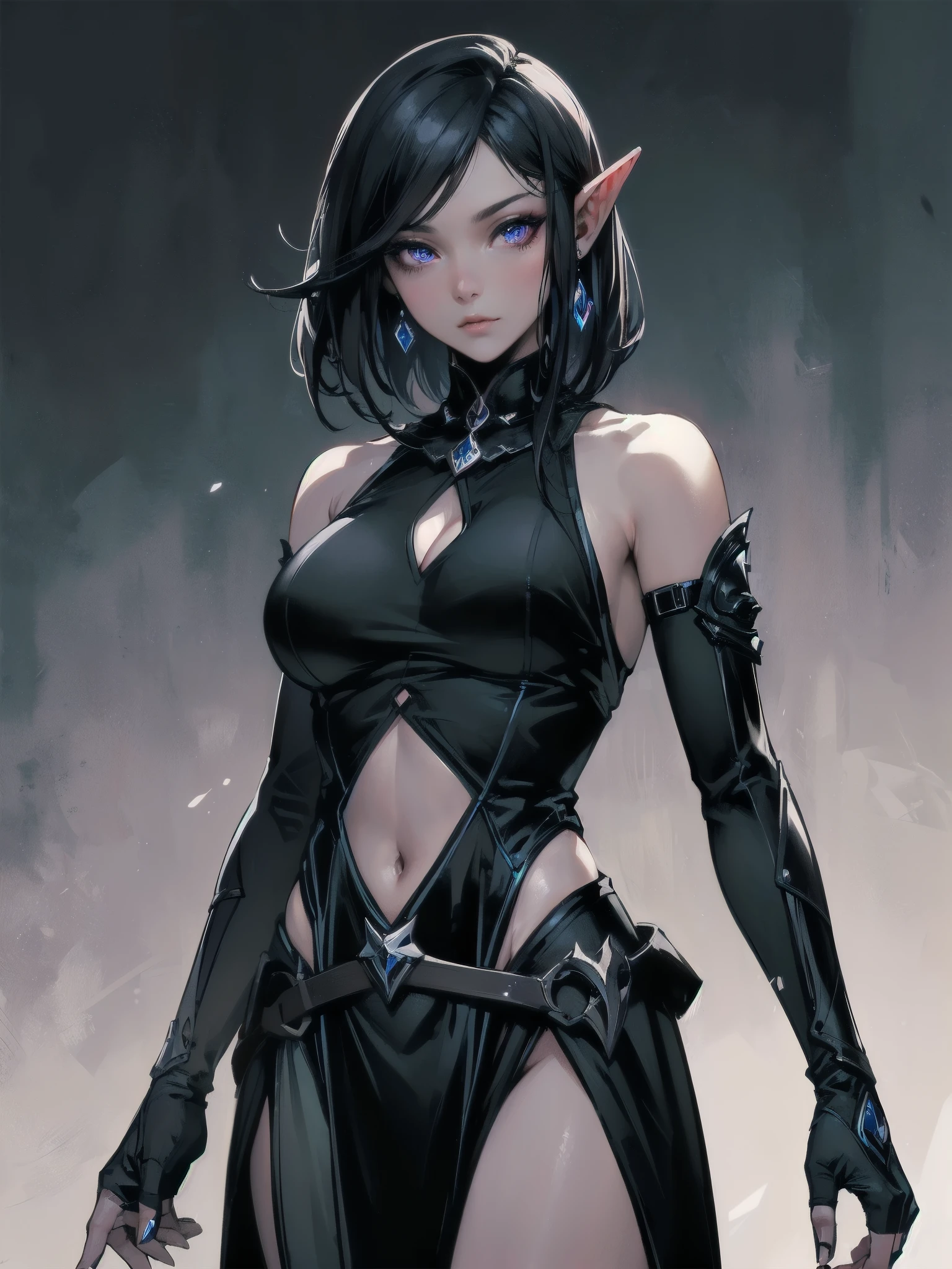 high quality,hd,16k,sharp line,1girl,fantasy,fem
ale dark elf,beautiful hair ,cute face, large breasts ,nice legs,,focus girl,detailed beautiful face,detailed clothes,beautiful eyes,dynamic angle