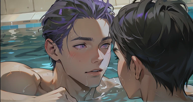 Two  boys in the pool talking next to purple and silver hair.Muscular Young man 17 years olnd thong  Top view, offers herself erotically tempts seduces offers her ass to a group of guys voluminous elastic lush buttocks, Group five Sports guys forcefully love him, splashed with sticky  of 16 years. Only guys, bog men, men