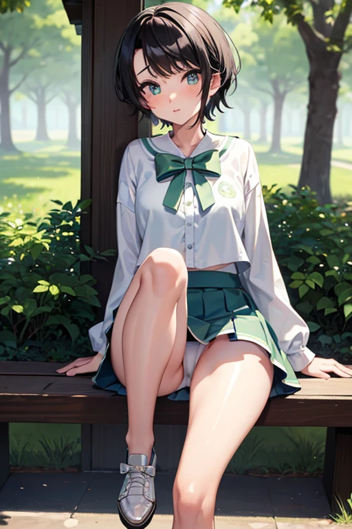masterpiece, best quality, 4K, a girl, oozora subaru, sitting, White panties, cameltoe, crotch grab, steam, shy, short hair, black hair, gradient eyes, with sparkling eyes, shiny skin, mini skirt, full body shot, in the park, in the afternoon, dappled sunlight, Park bench