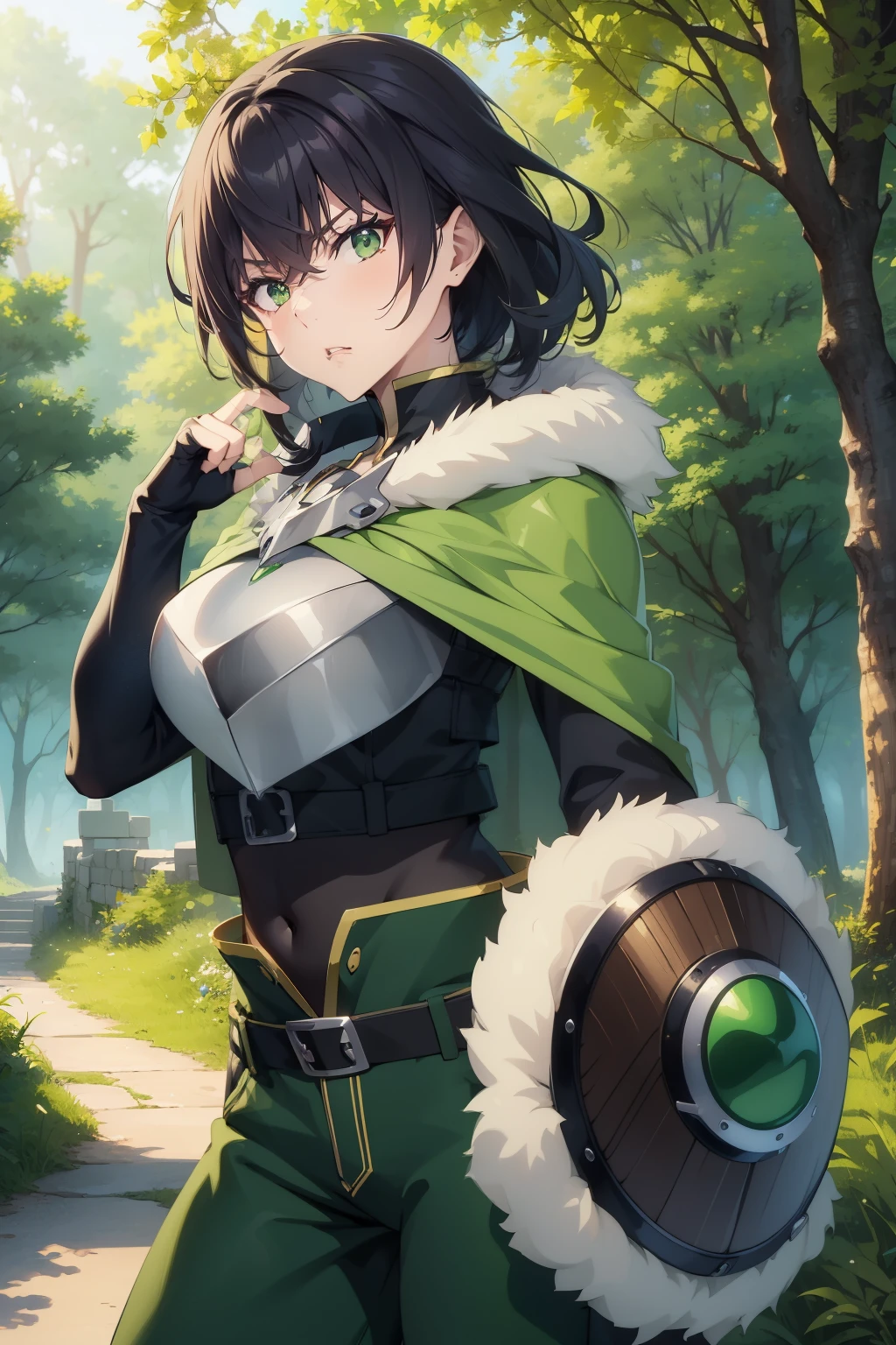 (masterpiece), best quality, expressive eyes, perfect face, highres, 1 girl, solo, (female body:1.3), iwatani naofumi girl , angry , black hair, green eyes, fur trim, armor, green cape, pants, fingerless gloves, outdoor , shield , forest, trees, standing, portrait, looking at the viewer . Shield .