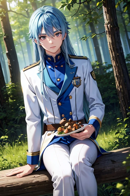 A blue haired male student with silver eyes and long hair in a magical uniform is picking mushrooms in the woods
