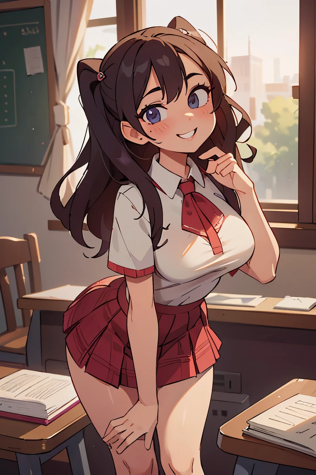 (best quality, masterpiece:1. 2), highly detailed, HDR, 20 years old (catholic school uniform), student, looking at the viewer, (beautiful detailed eyes, beautiful detailed lips, extremely detailed eyes and face, long eyelashes), (shapely, rounded, hourglass) body, (beautiful detailed breasts, shapely breasts, firm breasts), (shapely, toned) legs, very sexy, (feisty smile, devious), in the school