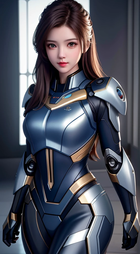 Best Quality, Masterpiece, High Resolution, 1Girl, Mecha Suit, Beautiful Face, upon_body, Tyndall Effect, Realistic, Dark Studio, Edge Lighting, Two-tone Lighting, (High Detail Skin: 1.2), 8k UHD, DSLR, Soft Lighting, High Quality, Volume Lighting, Frank, Photo, High Resolution, 4K, 8K, Bokeh