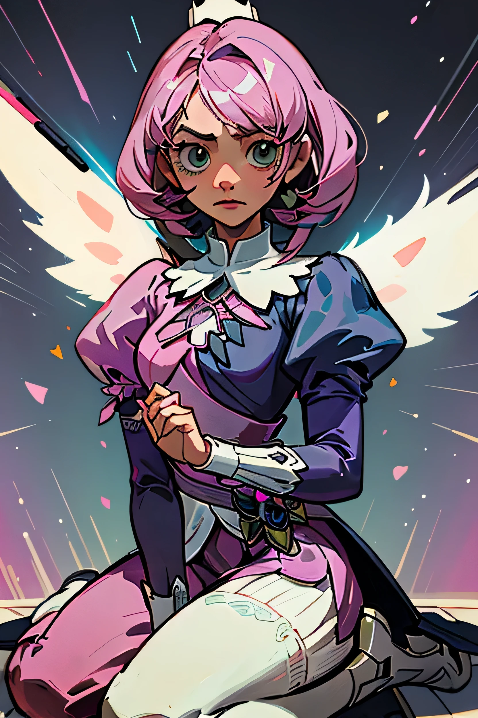 Alisa bosconovitch, melhor qualidade, contemporary, estilo plano, minimalismo, Ilustra??o plana de olhos verdes, cabelo rosa, cabelo curto, cabelos multicoloridos, Camisa Preta, mechanical wings, Close-U head portrait, peito pontudo, decote, super decote, medium breasts, tekken,cabelo rosa pastel, 1 garota, em quimono, hand painted,Desenho de linha sem cor, colorida do yandere pastel, tekken, com roupa de empregada,Figura esbelta,robusto,He sat on the floor,Vestido com roupas de empregada rosa e branco,cabelos muito curtos,com orelhas de gato,quadratic element,, kawaii cor-de-rosa na roupa da era de 1910, Alisa Bosconovich's pink lips, no estilo da paleta de cores suave aurorapunk, an anime illustration of your face, gifs animados, hand drawn animation, charming sketches, suave e brilhante, romantismo nebuloso, Estilo superplano, fundo branco - ar 1:1 - niji 5 - estilo expressivo --s 50