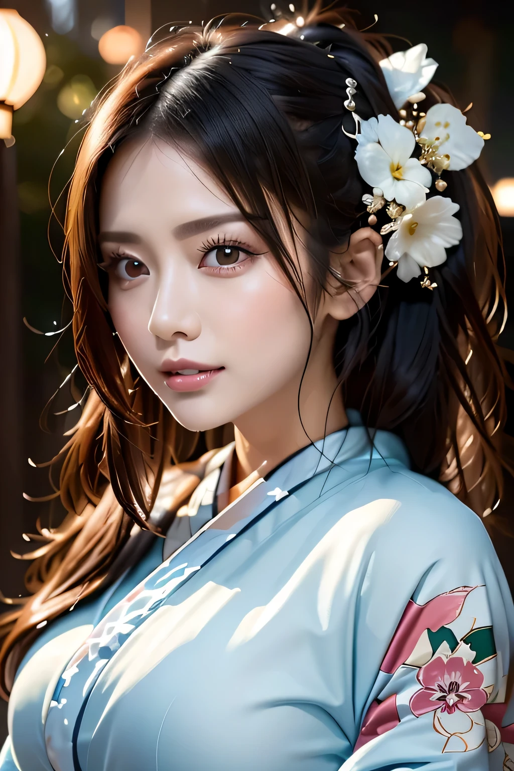 (((Gorgeous courtesan kimono:1.7))),(Beautiful mature woman in a noble courtesan kimono),(((Flashy and extravagant courtesan attire:1.3))),(Glamorous Jar)(Gorgeous floral hair ornament),Gorgeous floral braided top knot,(Very delicate and beautiful hair,),(((Accentuate larger breasts:1.3))),Fireworks shooting up into the sky against the backdrop of the riverbank at night.、Cute round face,Detailed garment features,Detailed hair features,Detailed facial features,Looking at the camera,(Dynamic Angle),(Dynamic and sexy pose),Cinematic Light,(Ultra-high resolution output images,Written boundary depth,Intricate details,Light and shadow contrast、The subject appears three-dimensional,) ,Single-lens reflex camera, (Realistic:1.3),(8K quality,Anatomically correct facial structure,),(SeaArt 2 Mode:1.3),(Picture Mode Ultra HD,)