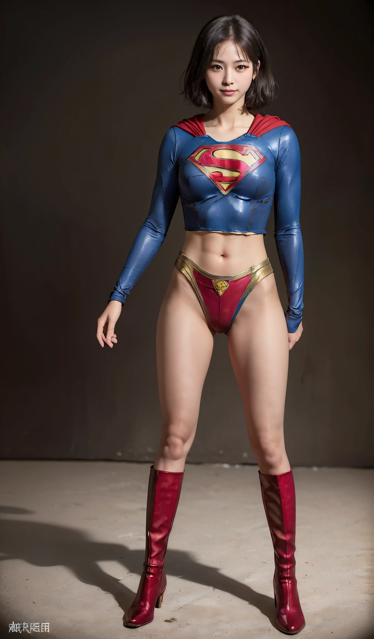 No background、(((Beautiful legs in black tights.)))、(((Legally express the beauty of your smile)))、((((Make the most of your original images)))、(((Supergirl Costume)))、(((beautiful short bob hair)))、(((suffering)))、(((Please wear black tights....、Wear red boots)))、((Best image quality、8K))、((highest quality、8K、masterpiece:1.3))、(((Preserve background )))、Sharp focus:1.2、Beautiful woman with perfect figure:1.4、Thin abdominal muscles:1.2、Wet body:1.5、Highly detailed face and skin texture、8K