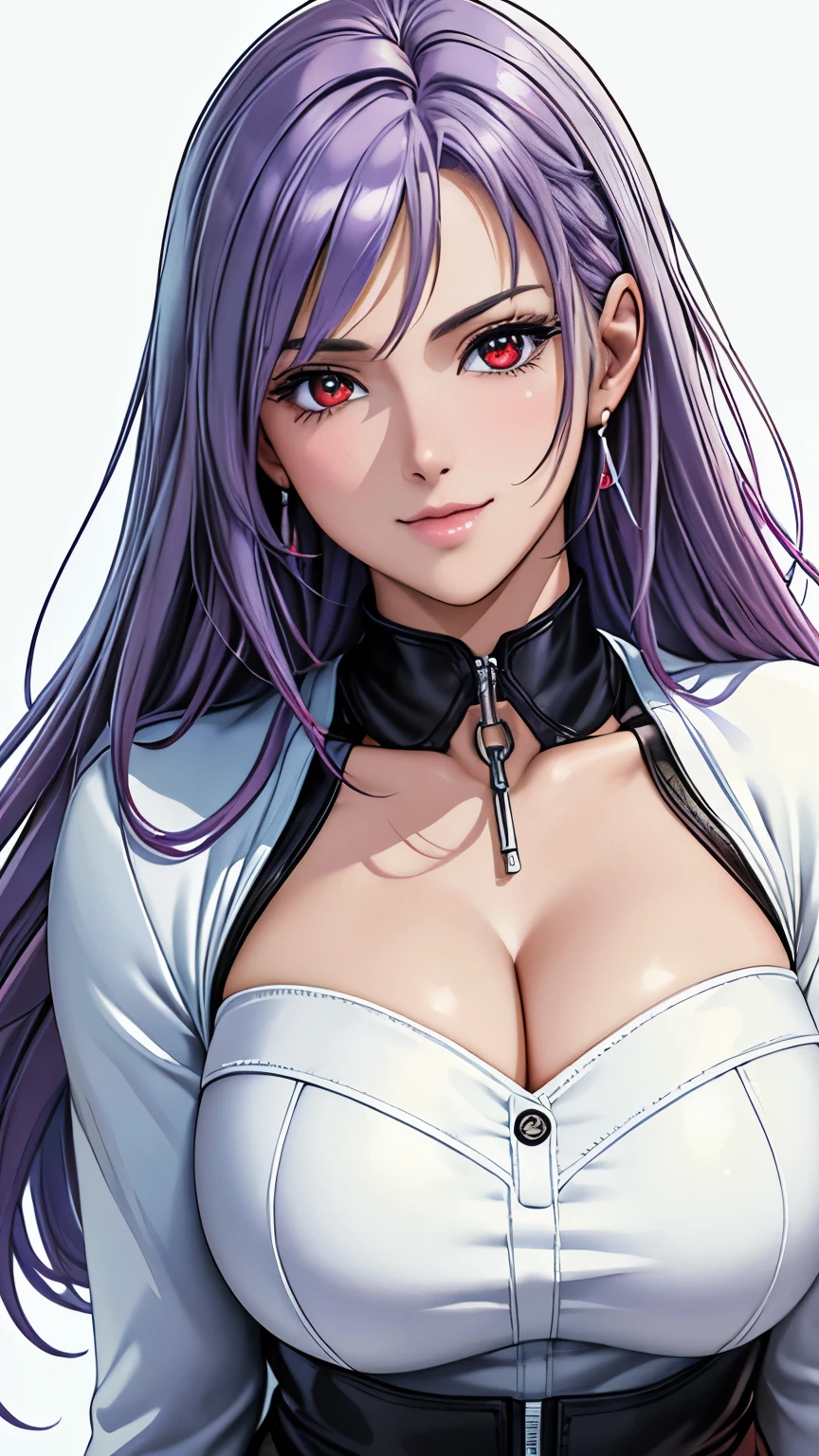 red eyes, (highest quality, masterpiece painting:1.3), immature woman, , (half body shot), masterpiece, ultra high resolution, (Photoreal:1.0), ((light purple hair)),straight hair, beautiful shining hair, white and shining skin, ((Ultra realistic details)), octane rendering, highly detailed face, (big breasts:0.8), pump, Single strap shirt, black leather jacket, black leather skirt, open neckline, cleavage, perfect body, soft skin, silver earrings, (pure white background:1.4), sharp focus, intricate details, professional artwork, (bright colors:1.1), bright colors, diffused lighting, digital blending, ultra-definition body, ultra detail hair, super detailed face, that&#39;It&#39;s trending on pixiv, top button open, Cute gaze, compensate, perfect lips, perfect compensate, Ultra-precision coating, (light_smile:0.8), (smugness:1.2),blush your nose,