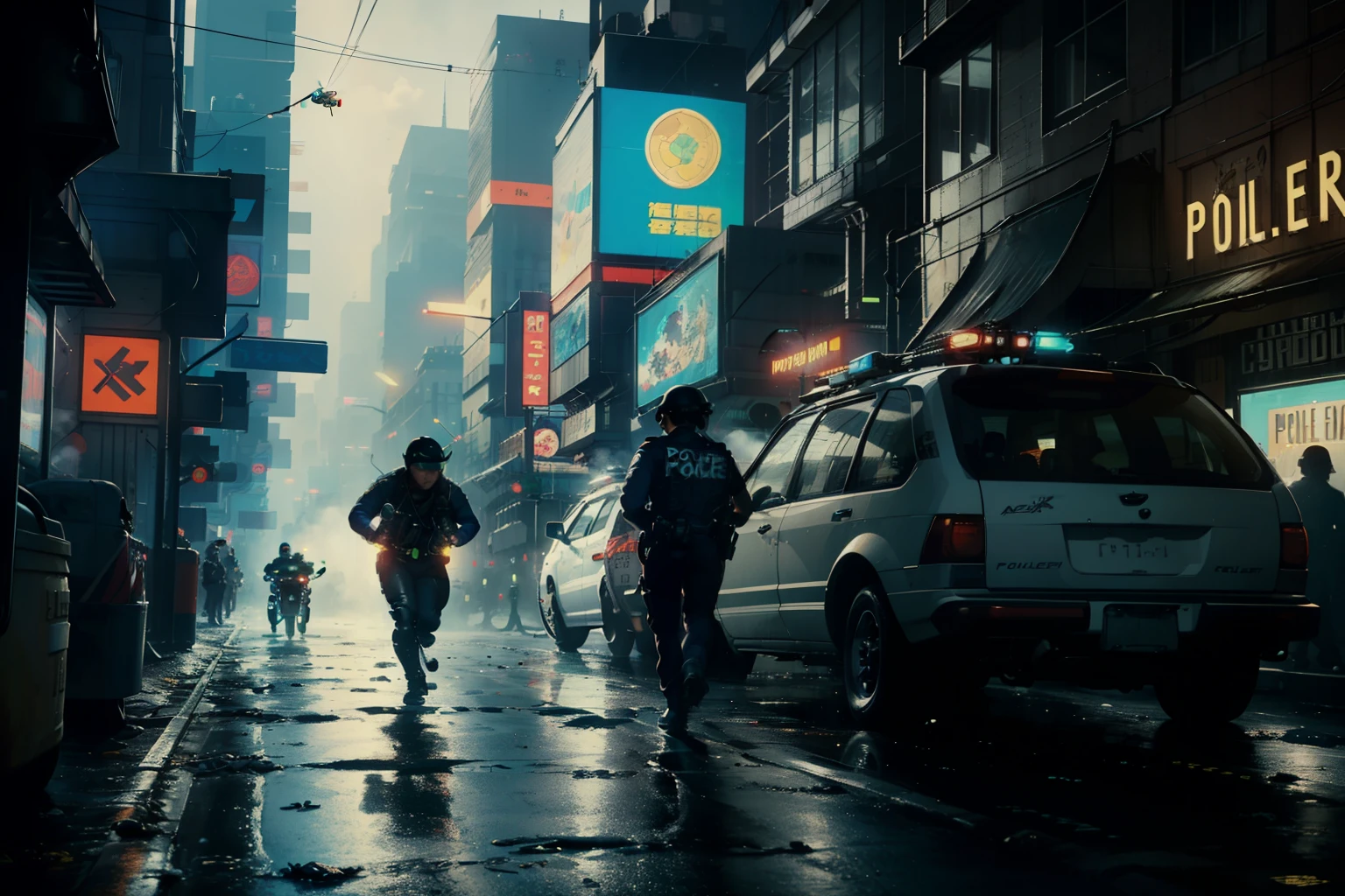 ((highest quality)), ((masterpiece)), (be familiar with), (High definition), (Accurate), (Realistic), (Cinematic), (Best Shadow), (Low contrast), (8K), Perfect Face, ((SYD MEAD style)), manga、mangaデザイン、Storyboard、Frame division、(Two police officers from the Metropolitan Police Department)、((A middle-aged inspector and a young constable))、((The police are chasing:1.3))、(A small tracking drone is released:1.2)、(Glittering neon signs)、congestion, congestion, Decadent Future City, NEO TOKYO, A.D.2051, (steam:1.2), It's raining white, evening,