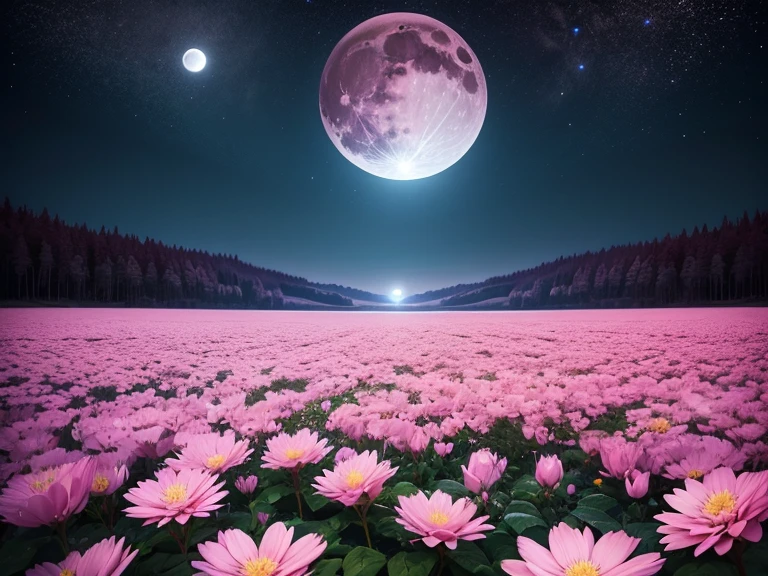 Full moon night sky、Pink flowers々、Beautiful Landscape