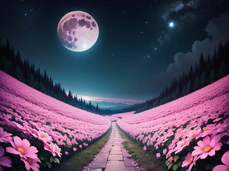 Full moon night sky、Pink flowers々、Beautiful Landscape