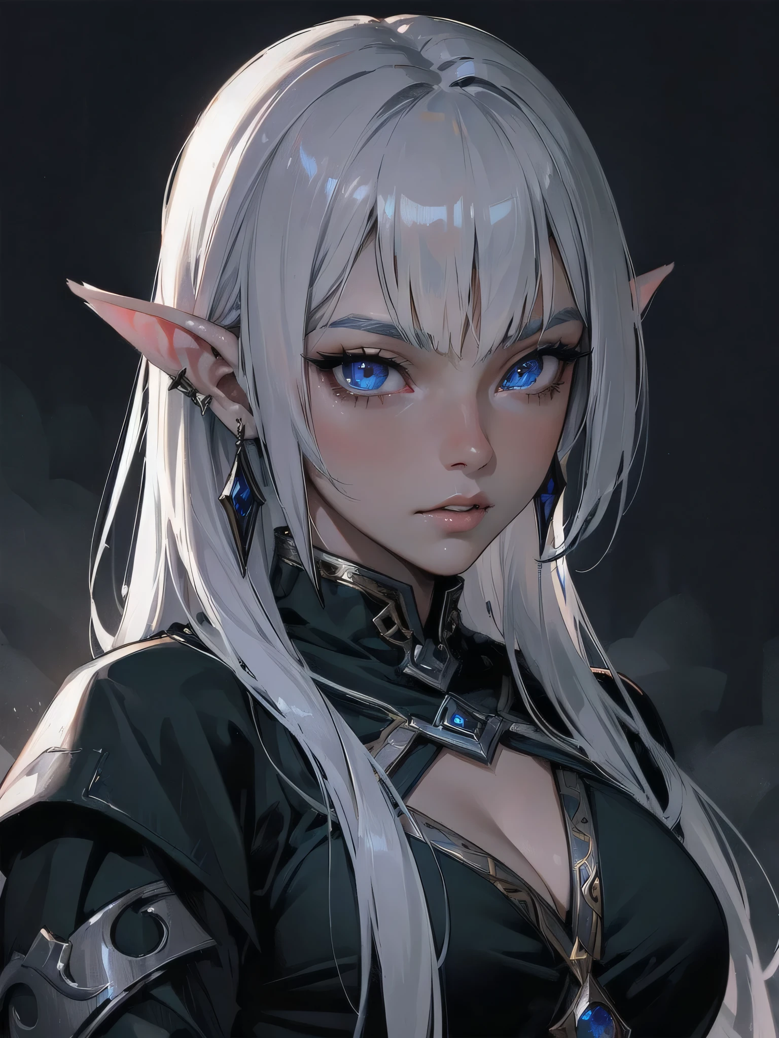 high quality,hd,16k,sharp line,1girl,fantasy,fem
ale dark elf,beautiful hair ,cute face, large breasts ,nice legs,,focus girl,detailed beautiful face,detailed clothes,beautiful eyes,dynamic angle