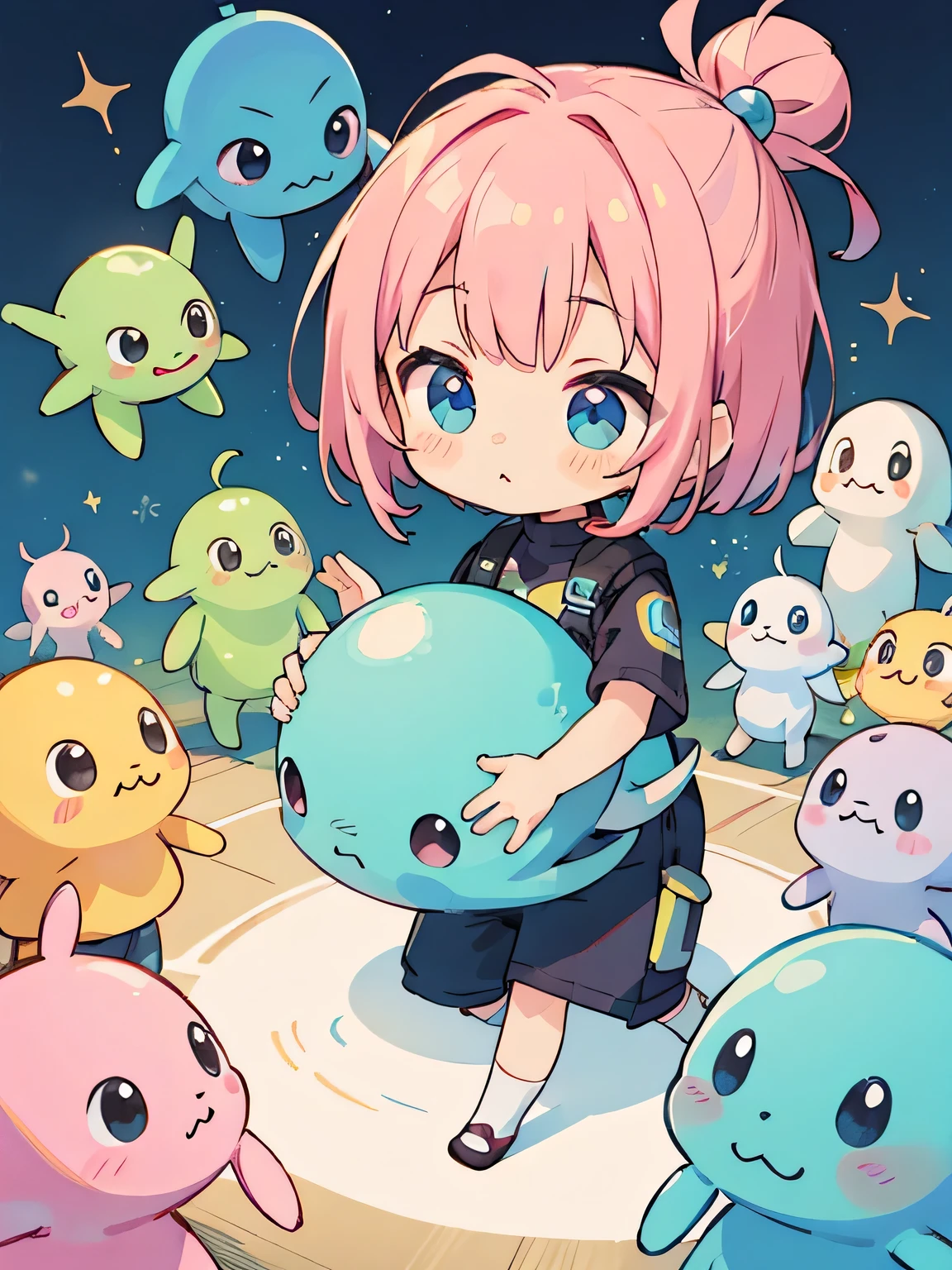Momoko Sakura style, Kawaii Design, (((many people)))、Very cute alien、Chibi, Colorful bob hair、((Lots of friends))、(((alien)))、