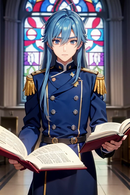 A blue haired male student with silver eyes and long hair in a magical uniform is reading in front of a stained glass windwo