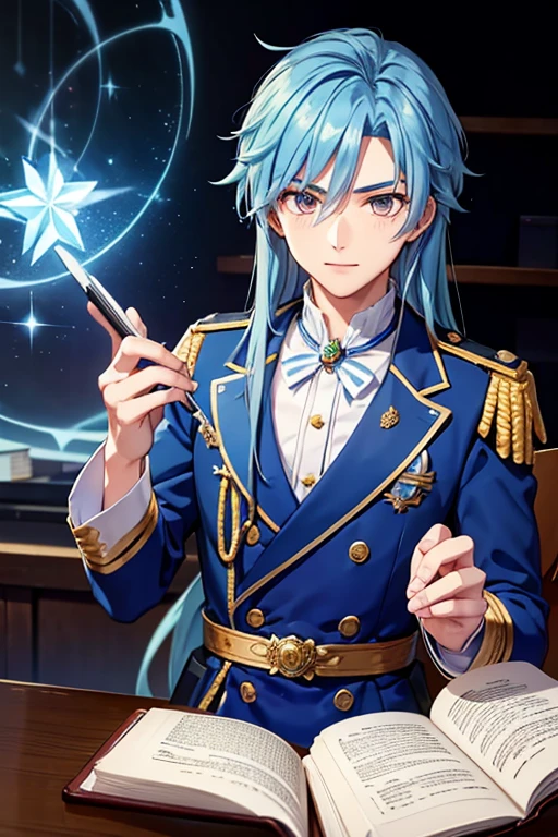 A blue haired male student with silver eyes and long hair in a magical uniform is picking out a spell book