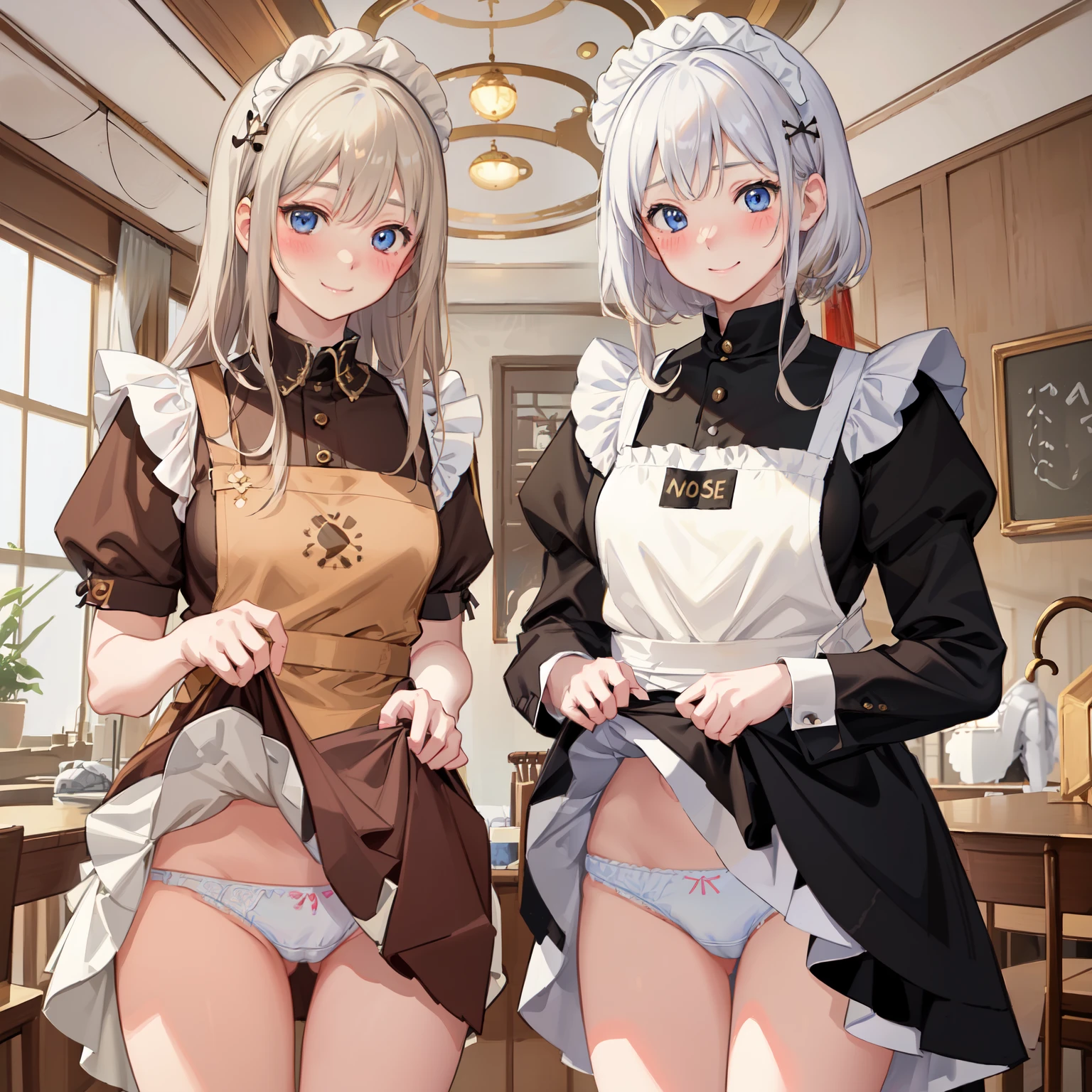 highest quality、masterpiece、((2 girls))、((smile:1.3))、(blush:1.3)、Black Shirt、blouse、((fun!!))、(Small breasts)、()、Blonde、()、((White apron:1.5))、((Maid))、((hair ornaments)),、Kamimei、look at me、 ((in house:1.5))、 Taking a break from watching the audience、Cowboy Shot、(Skirt lift:1.3),(Highly detailed white panties:1.3)、(Highly detailed panties:1.3)、、(スカート that rolls up:1.3)、(Panties fully exposed:1.5)、Light blue eyes、long hair、