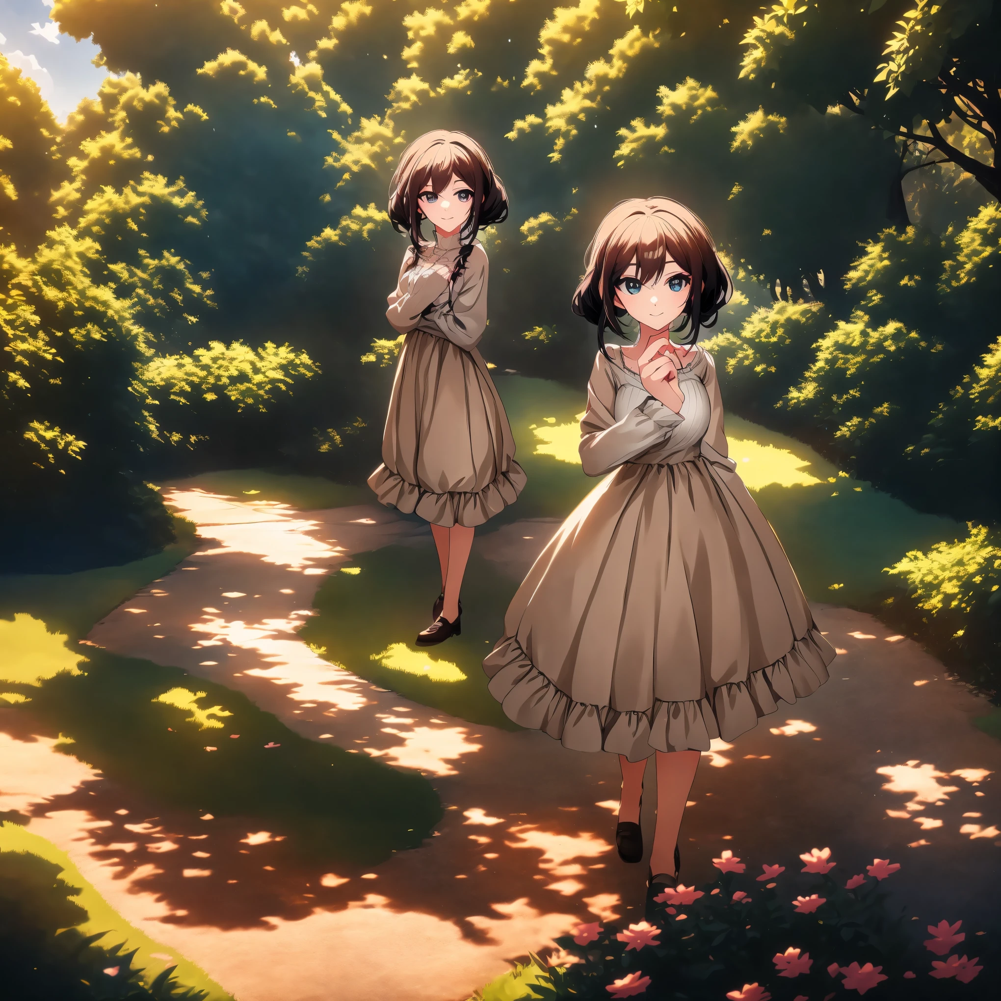 anime girl in a long dress standing on a path in a park, smooth anime cg art, anime moe artstyle, anime visual of a cute girl, artwork in the style of guweiz, made with anime painter studio, makoto shinkai. digital render, official art, anime style. 8k, photorealistic anime girl render, anime style 4 k