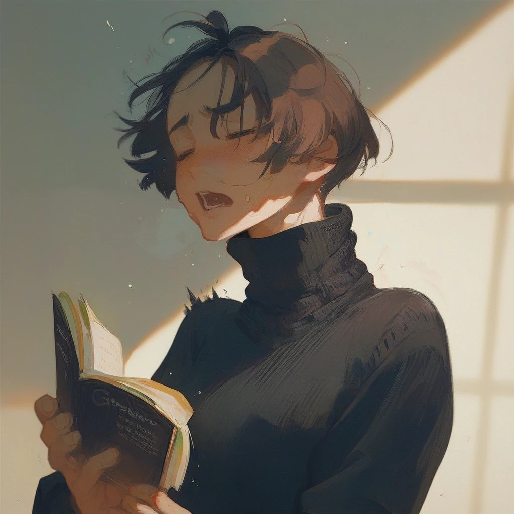 Score_9, score_8up,score_7up, source_anime,1girl, reading manga berserker,geek,bob hair ,black High neck sweater,love shape in iris, indoor,orgasm expression