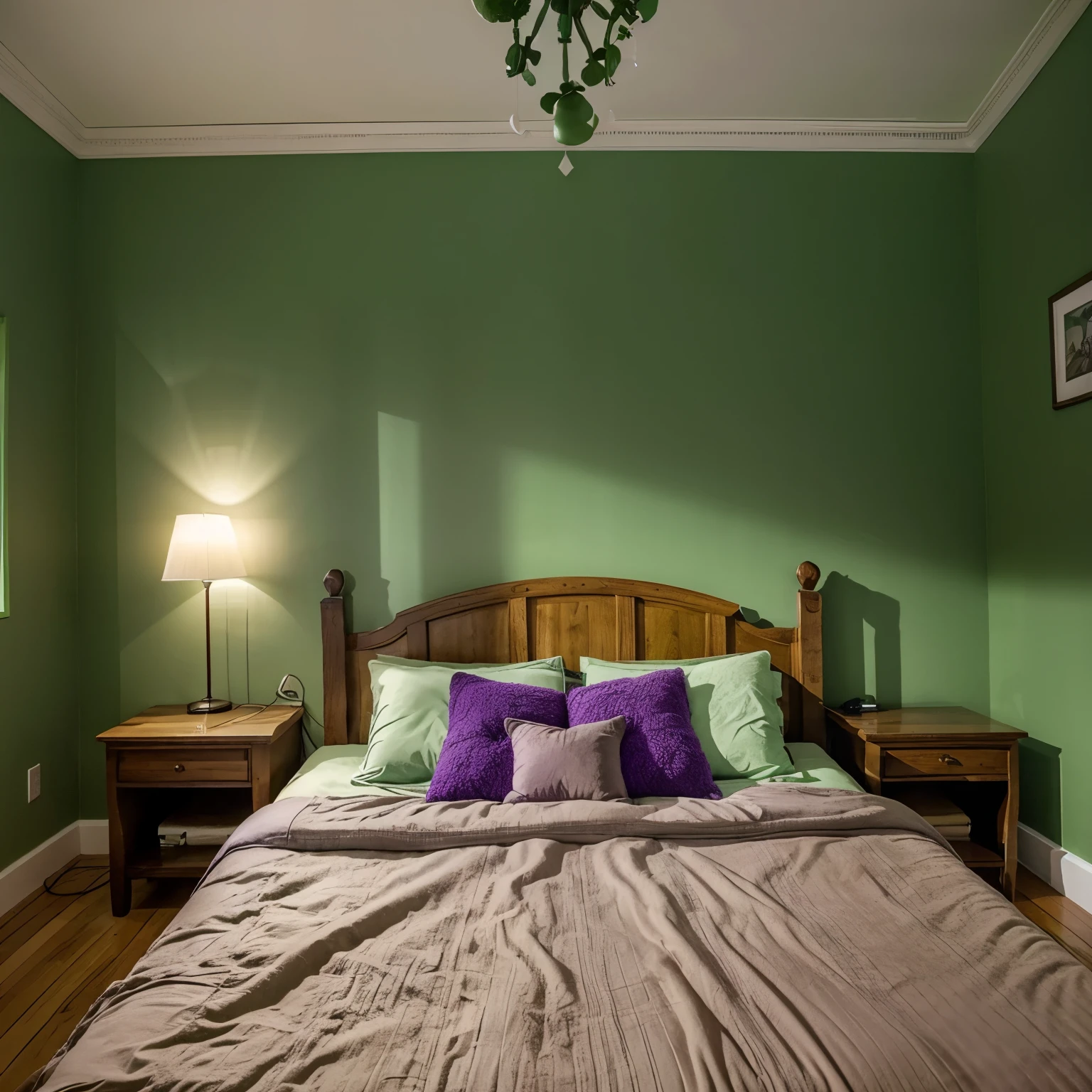 A room with green and purple walls, that looks like it came out of a fairy tale.  It should look like a forest and have wooden furniture.  Good quality and have teddy bears on the bed.