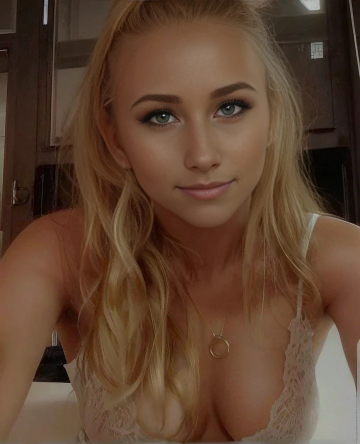 Shot from above, Beautiful woman, tanned skin, sitting on a desk, hand between her legs, long-sleeve shirt, (skirt), knee high socks, heels, cleavage, messy bun, platinum hair, blushing, office, setting sun, large windows, top floor, Hyperrealism, depth of field, cinematic lighting, UHD, masterpiece, high details, high quality, highres, 16k, sexy pose, seductive pose, sly smile, confident,