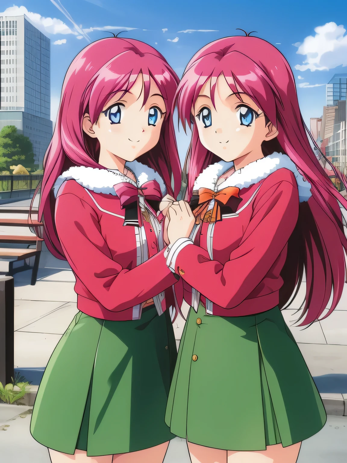 shirayuki, Two Girls, Multiple Girls, twins, smile, brother, Sisters, blue eyes,  Long sleeve, skirt, retro artstyle, twins, Long Hair,  1990s (style), chest, brother, 
break,  hug, Bring your cheeks together, View your viewers, city, Day,
masterpiece, expensive quality, very_expensive_solve, big_file size, Full Color,