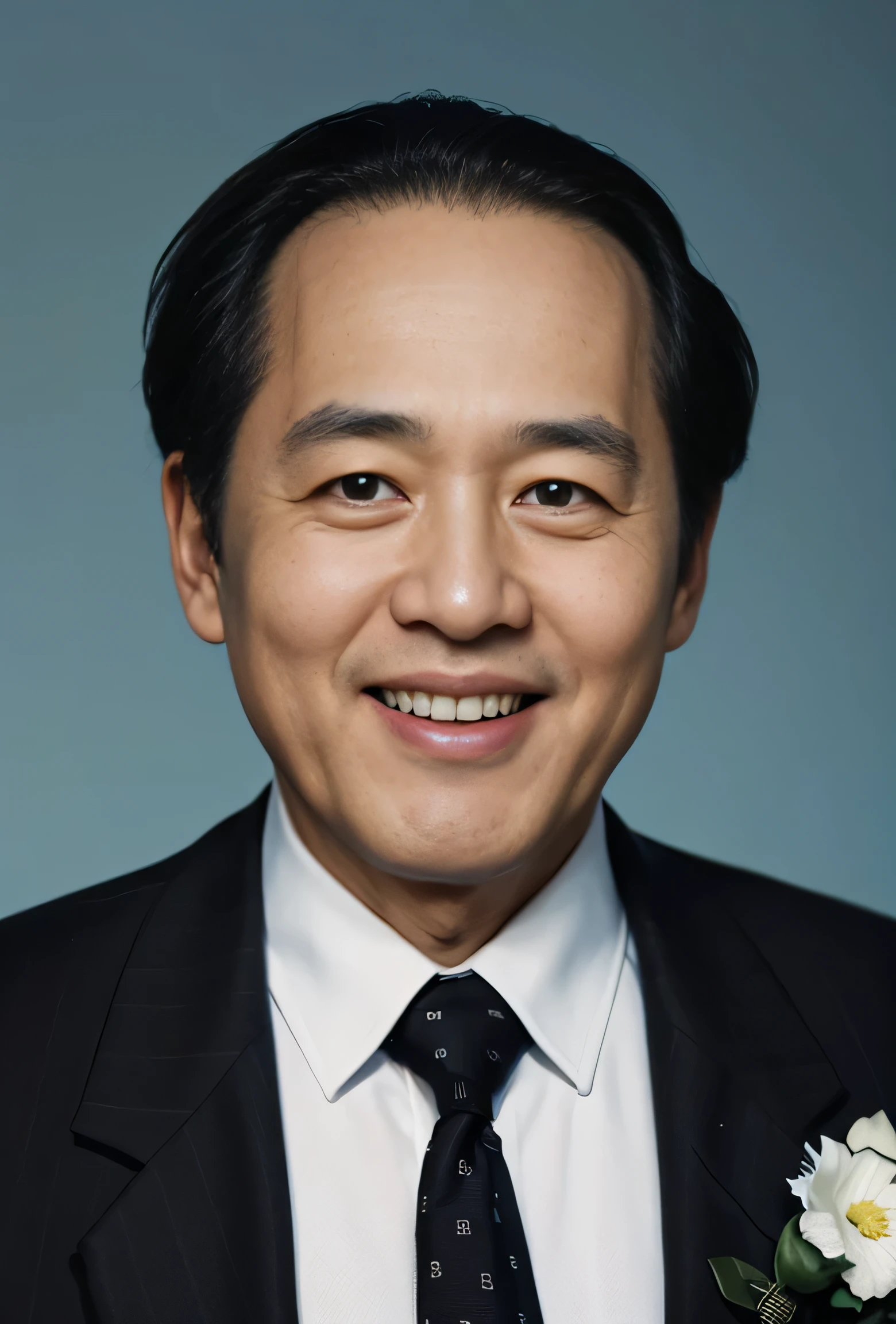 Highly realistic photo, ((masterpiece), (best quality), (raw photo), (photorealistic:1.4), Portrait of Vietnamese man, 75 years old, ((black hair)), bald forehead, ((black suit)), ((light blue background)), photo taken by Sony A7IV