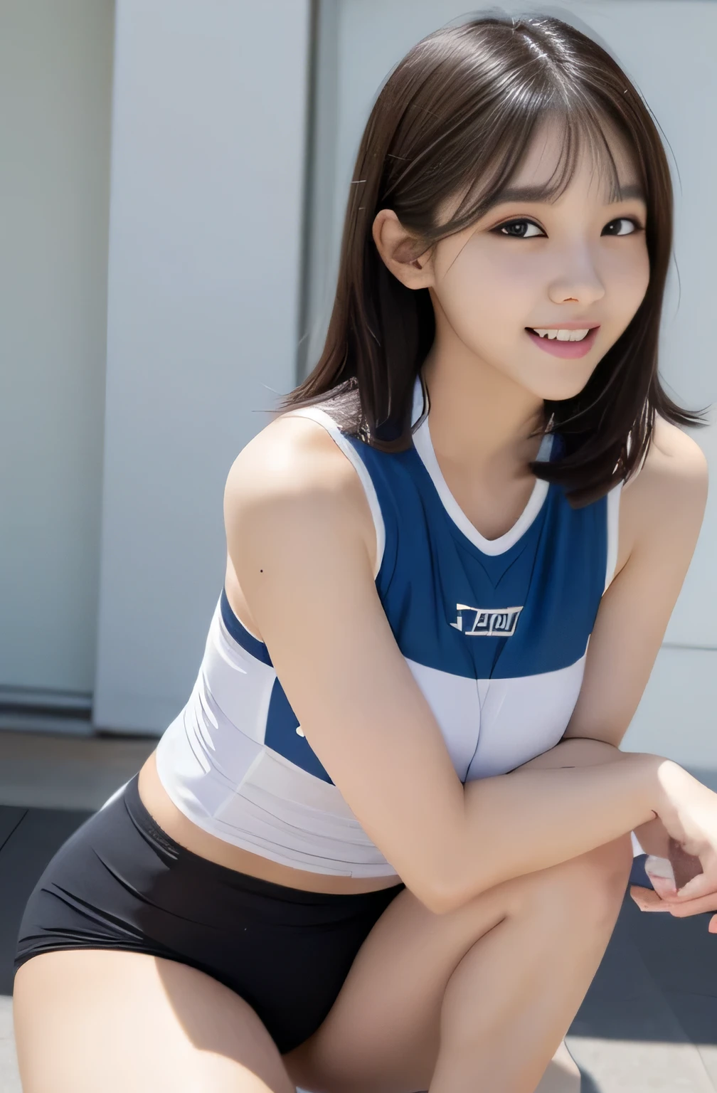 (8K),(best quality:1.5),(high resolution:1.5),  model,  idol, (Head to knee photo), (standing), (infantile build), ((1girl, 8 )), (black hair), ((pink camisole)), ((light blue mini skirt)), (smile)