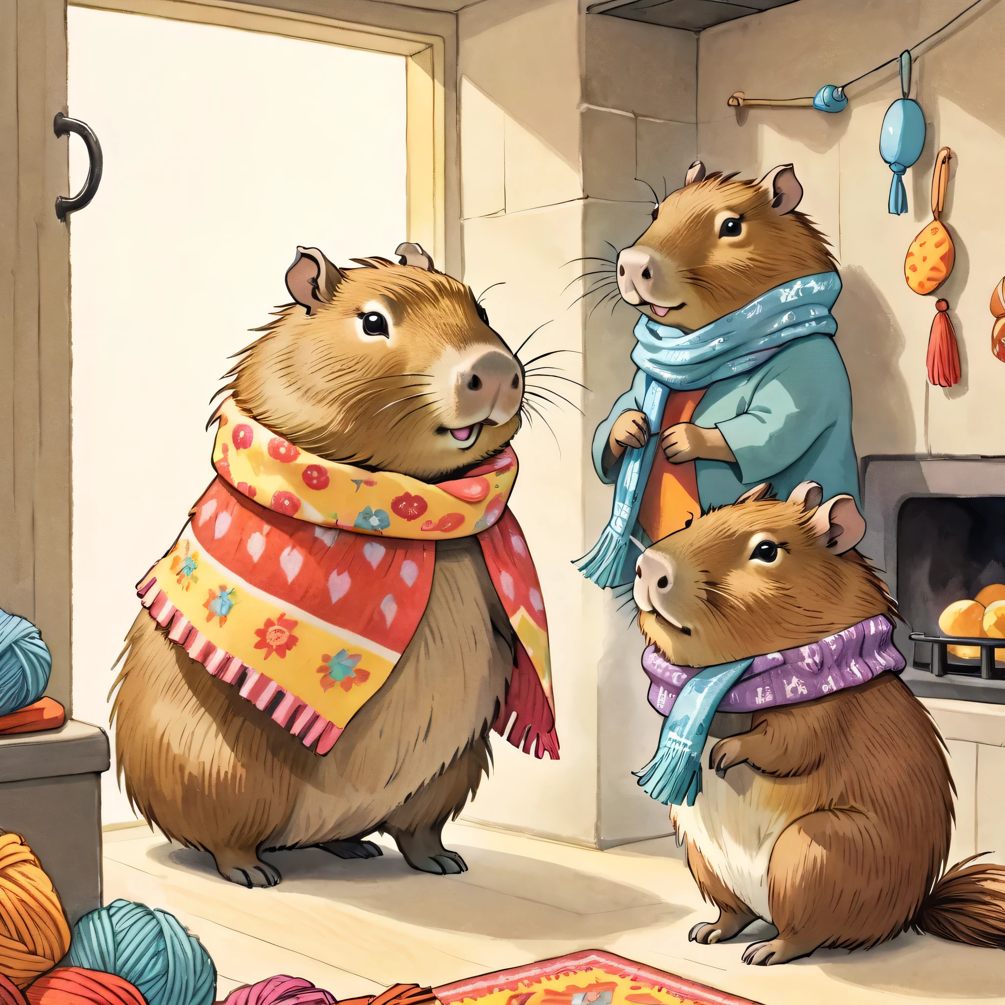 cuteAn illustration,capybara house,Capybara&#39;s Parents and Children:animal:cute:Knitting Time:looks happy,An illustration,pop,colorful,color,Capybara&#39;s Parents and Childrenが編み物を楽しんでいます:dream happy dreams,The nest is warm and full of happiness,,colorful,Fancy,Fantasy,patchwork,FamiliarDetails,fluffy,Randolph Caldecott Style,capybara,Very cute capybara,Fluffy&#39;s Capybara,Anatomically correct,cute,stylish,Shine,Soft texture,Lovely,,Randolph Caldecott Style,Capybara knitting blankets ,Knee hanging, scarf,heating stove,, An illustration for a children&#39;s picture book, (colorfulなAn illustration:1.4), An illustration from a magazine, (Dynamic pose), Familiar, Complex, beautiful, wonderful, Cinematic, wonderful ,Outstanding color, In the style of An illustration for the book by Randolph and Beatrix Potter 