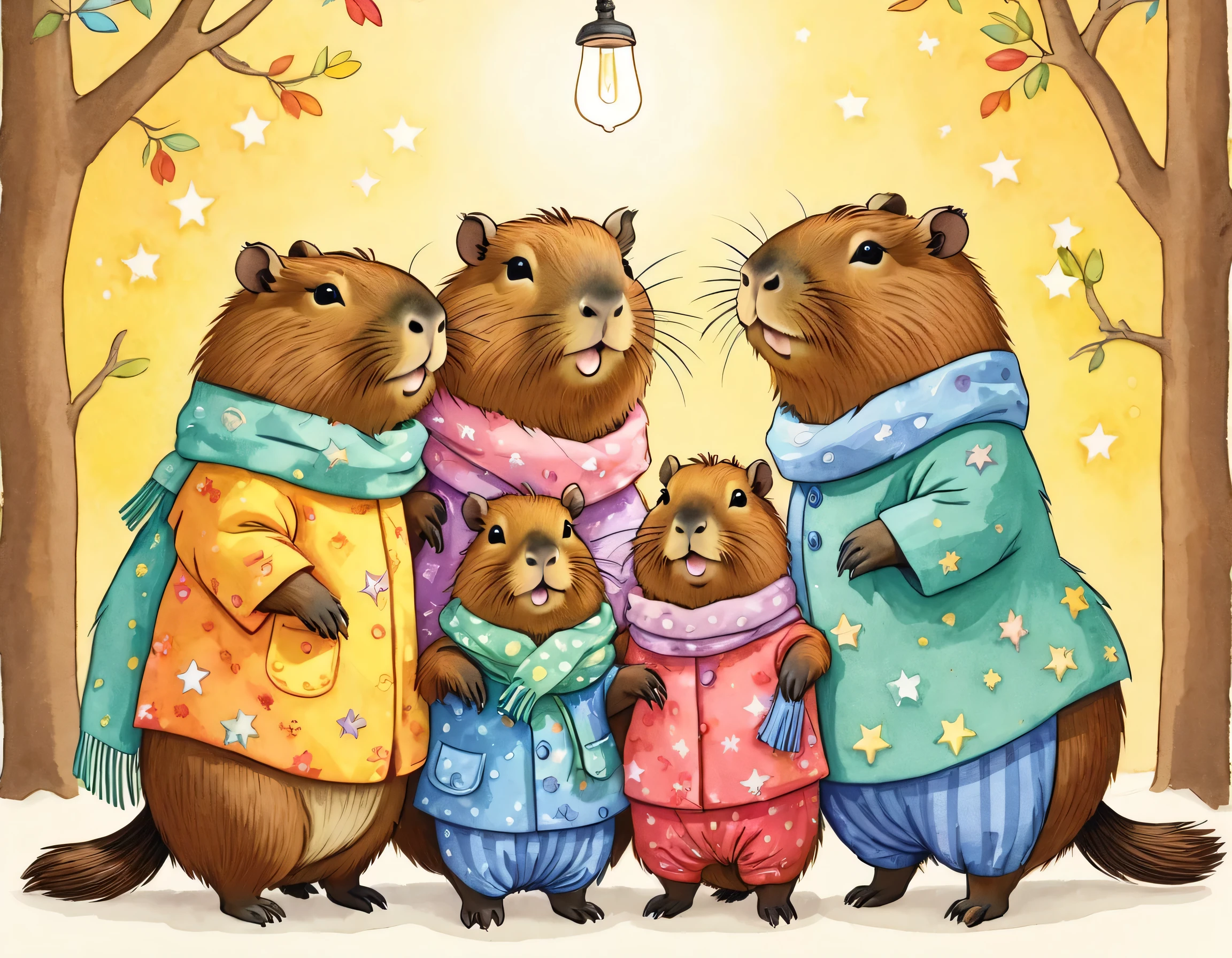 cuteAn illustrationカピバラの家,Capybara family:animal:hibernating:cute:Nestle:sleep:comfortable and warm:looks happy,An illustration,pop,colorful,draw with thick lines,color,dim,Lamp light,The hibernating Capybara family is asleep.:dream happy dreams,The house is warm and full of happiness,,colorful,Fancy,Fantasy,patchwork:quilt,detailed details,fluffy,Randolph Caldecott Style,Rich colors,Cast colorful spells,concentrated,The best configuration,Perfect composition,accent,An illustration that children will enjoy,For kids,feel warm,wonderful like a dream,Happy and fun looking capybaras,Little,Cast colorful spells,Sparkling,Anatomically correct,scarf,pajamas,pastel colour