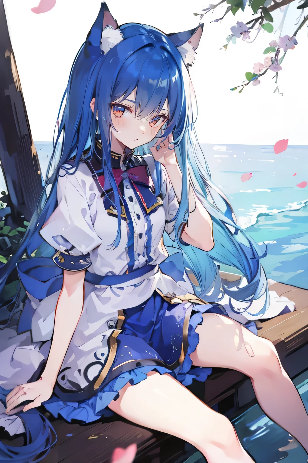 (masterpiece:1.2),ultra-detailed,realistic,expressive eyes,fair-skinned,perfectly shaped face,1girl,
Japanese cartoons,Gorgeous blue hair, flowing blue hair,floating clothes,cat ears,petals falling,beautiful Lola,Hina Angel,
hands on waist,gracefully sitting on the ground,legs crossed,gentle and serene background,cool and comfortable pavilion.