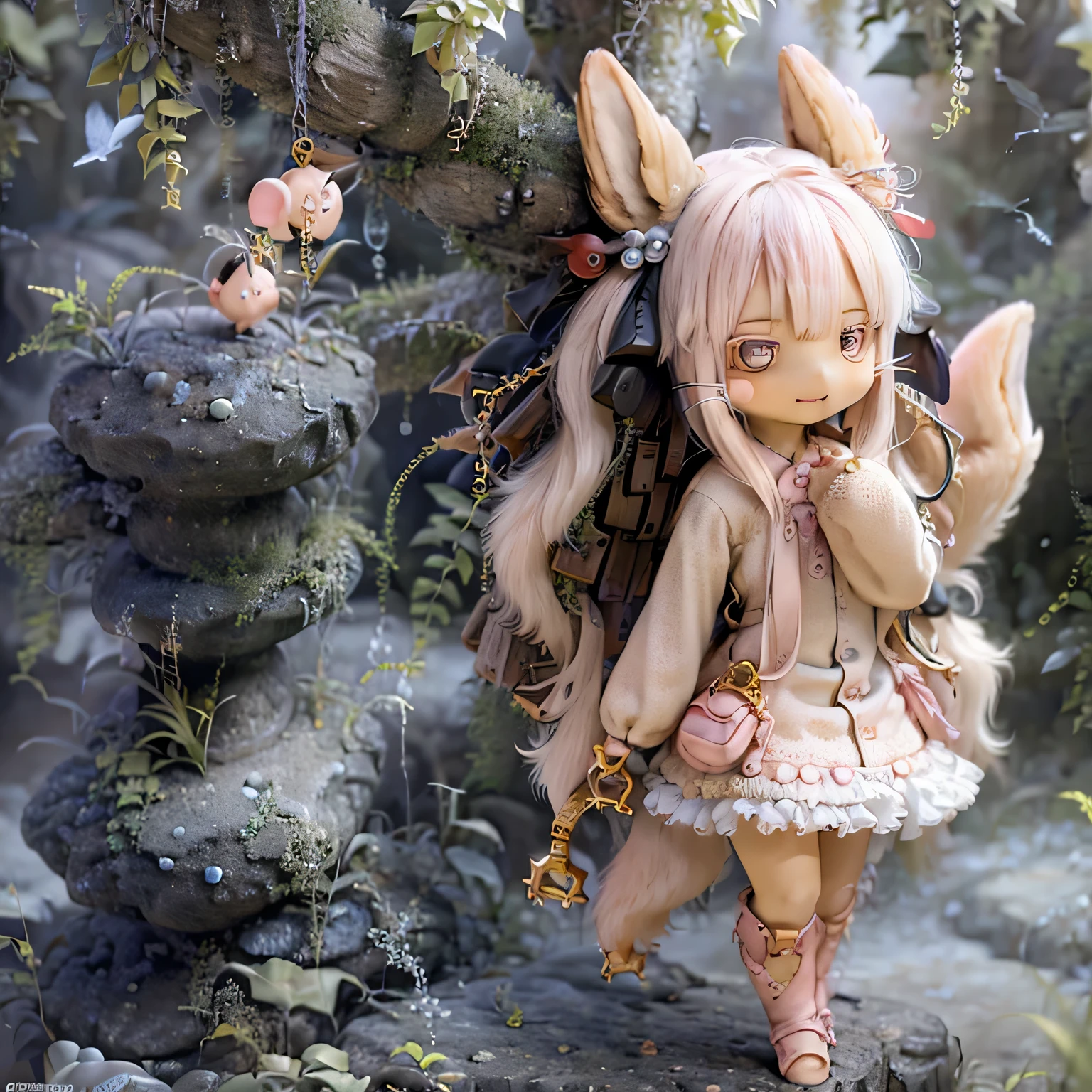 in the garden, Smiling Girl, Similar to Nanachi from Made in Abyss. She is beautiful, Beautiful eyes and lips. girl (((Chibi Style,))) . The image quality is of the highest quality, Highly detailed and realistic features. The medium of this work is、Combining illustration and photorealistic rendering.. The colors are vivid、The lighting creates a warm and bright atmosphere。Casual Full Body(((((Cute pink dress))))) Plush-like appearance