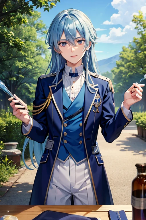 A blue haired male student with silver eyes and long hair in a magical uniform is making potions in an outdoor lab